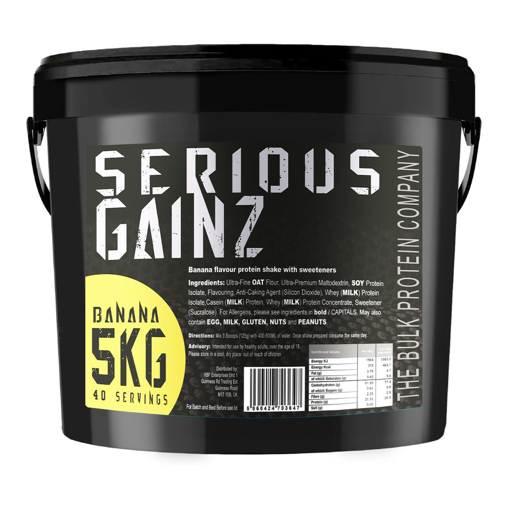 Serious Gainz, 5kg (40 Servings) - Mass Gainer Protein Powder, ~27g Protein, ~460 Calories, ~74g Carbs - Weight Gainer Shake with Whey Isolate & Oat Flour - Post-Workout Recovery - Banana - New - BBE 03/2029