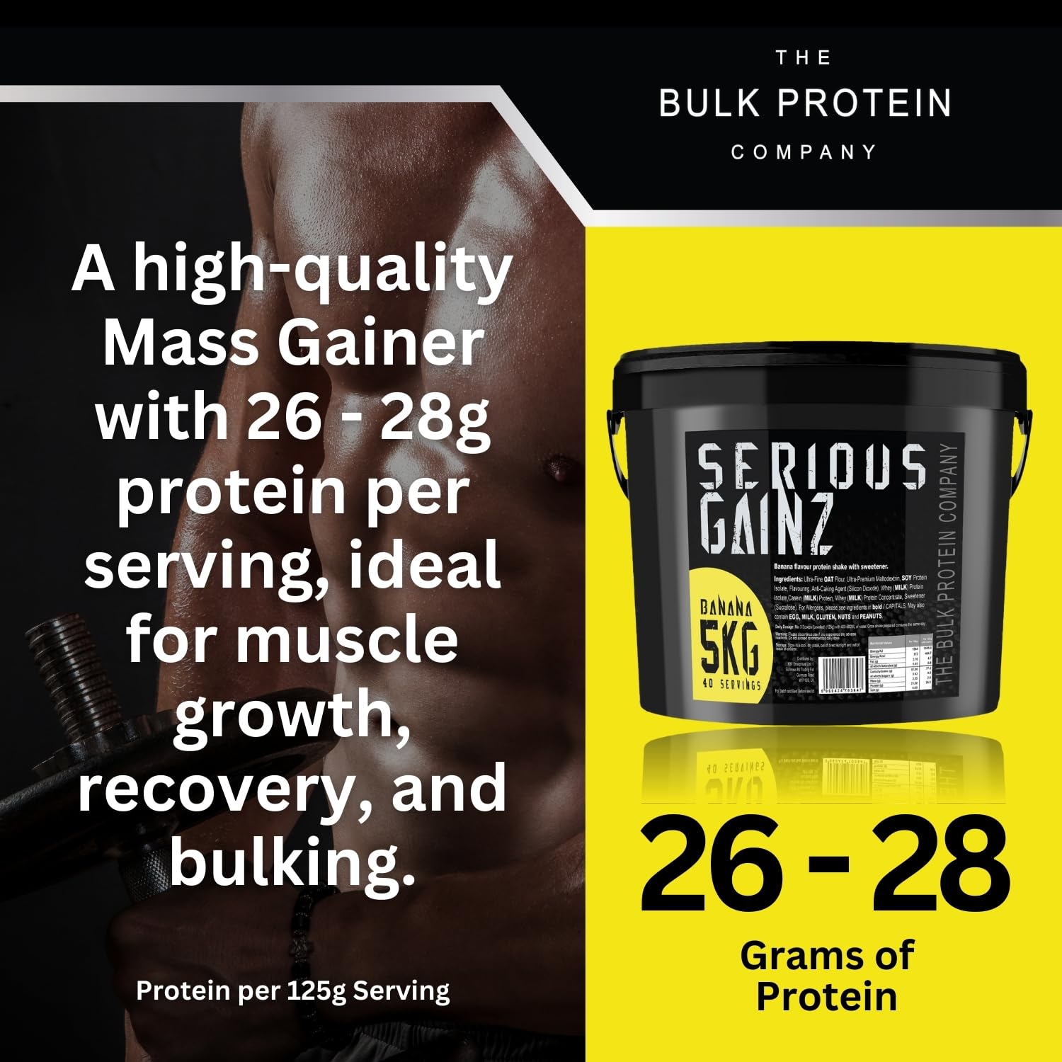 Serious Gainz, 5kg (40 Servings) - Mass Gainer Protein Powder, ~27g Protein, ~460 Calories, ~74g Carbs - Weight Gainer Shake with Whey Isolate & Oat Flour - Post-Workout Recovery - Banana - New - BBE 03/2029
