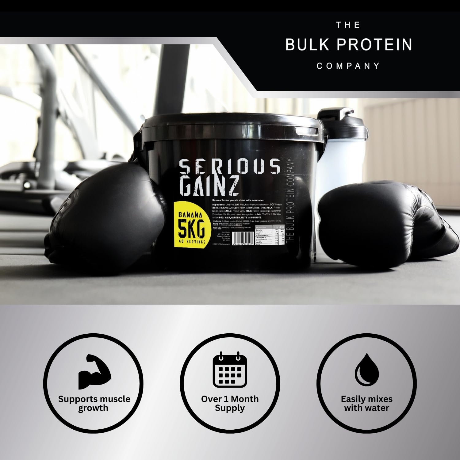 Serious Gainz, 5kg (40 Servings) - Mass Gainer Protein Powder, ~27g Protein, ~460 Calories, ~74g Carbs - Weight Gainer Shake with Whey Isolate & Oat Flour - Post-Workout Recovery - Banana - New - BBE 03/2029