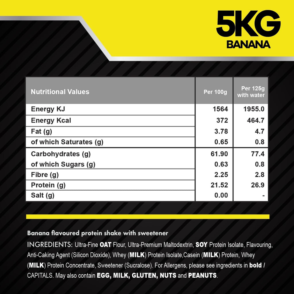Serious Gainz, 5kg (40 Servings) - Mass Gainer Protein Powder, ~27g Protein, ~460 Calories, ~74g Carbs - Weight Gainer Shake with Whey Isolate & Oat Flour - Post-Workout Recovery - Banana - New - BBE 03/2029