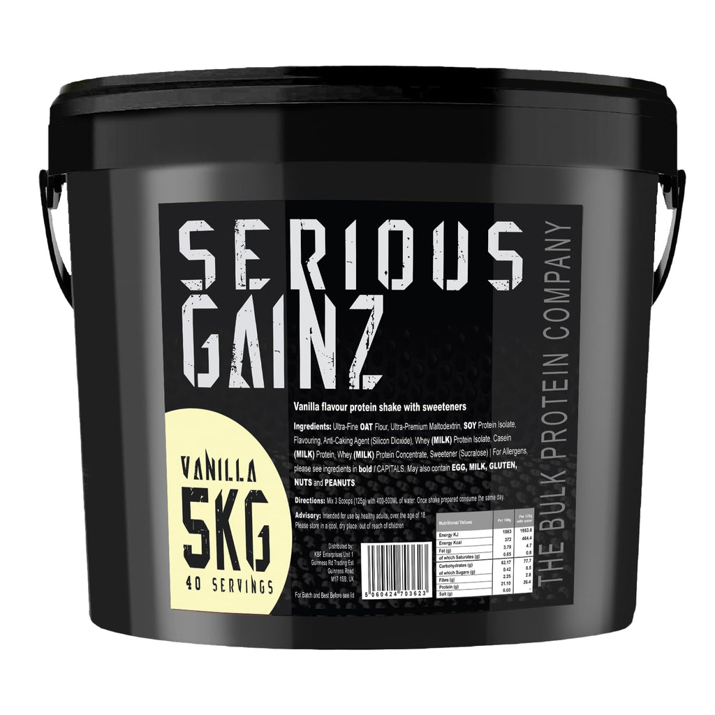 Serious Gainz, 5kg (40 Servings) - Mass Gainer Protein Powder, ~27g Protein, ~460 Calories, ~74g Carbs - Weight Gainer Shake with Whey Isolate & Oat Flour - Post-Workout Recovery - Banana - New - BBE 03/2029