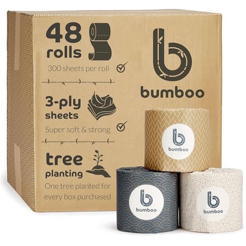 Bumboo Essentials Toilet Roll 48 Pack - 3 Ply 300 Sheets - Plastic-Free, Soft, Strong, Eco-Friendly Toilet Tissue - Damaged Box