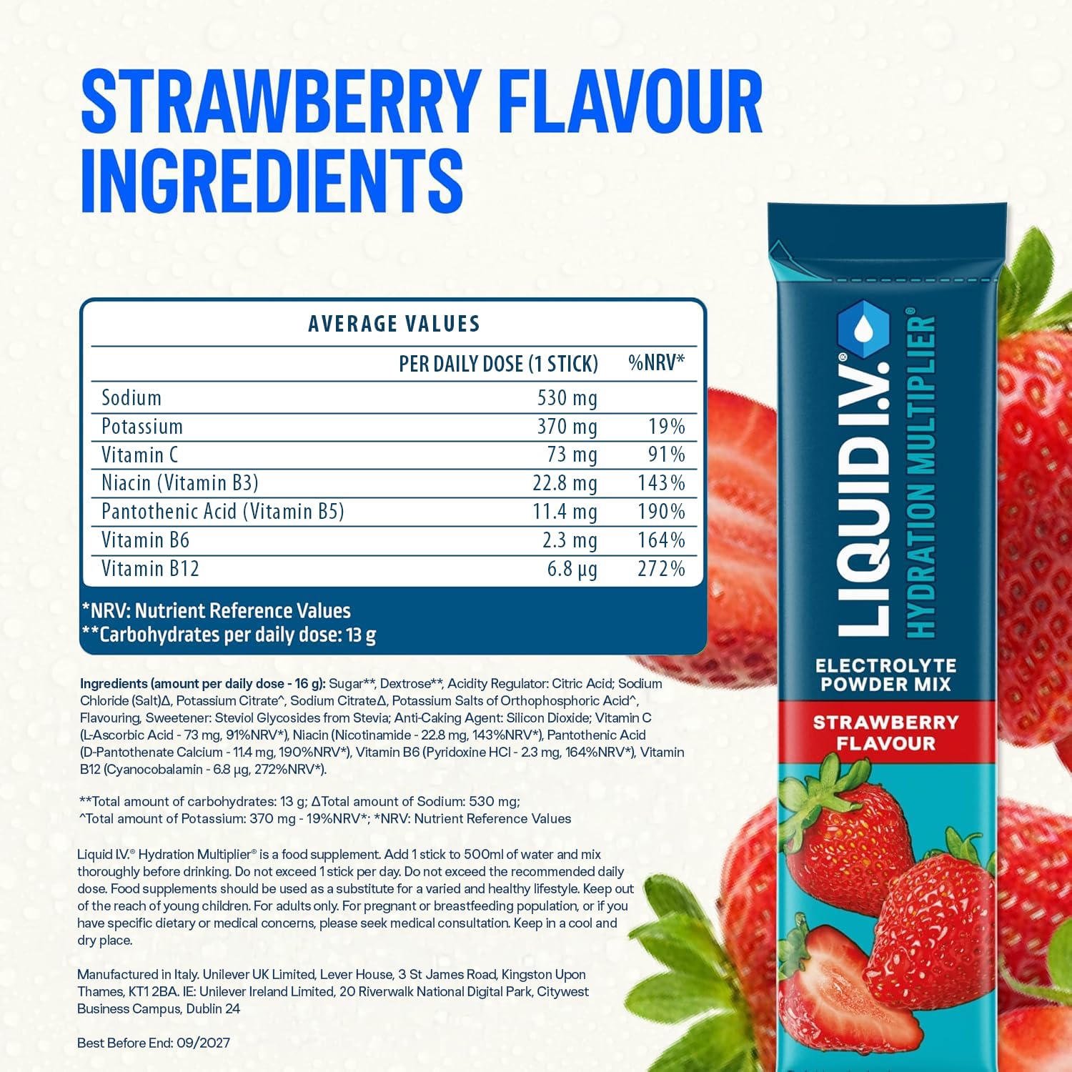 Liquid I.V. Hydration Multiplier Electrolyte Mix, Strawberry, 16 Sticks - Damaged Box - BBE 09/2027