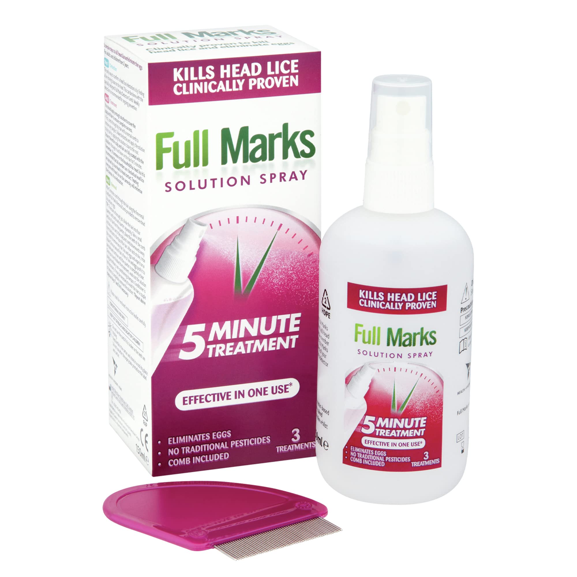 Full Marks Head Lice Solution Spray 150ml - Fast & Effective Nit Treatment with Comb, Kills Nits, Safe for Kids - New - BBE 05/2027