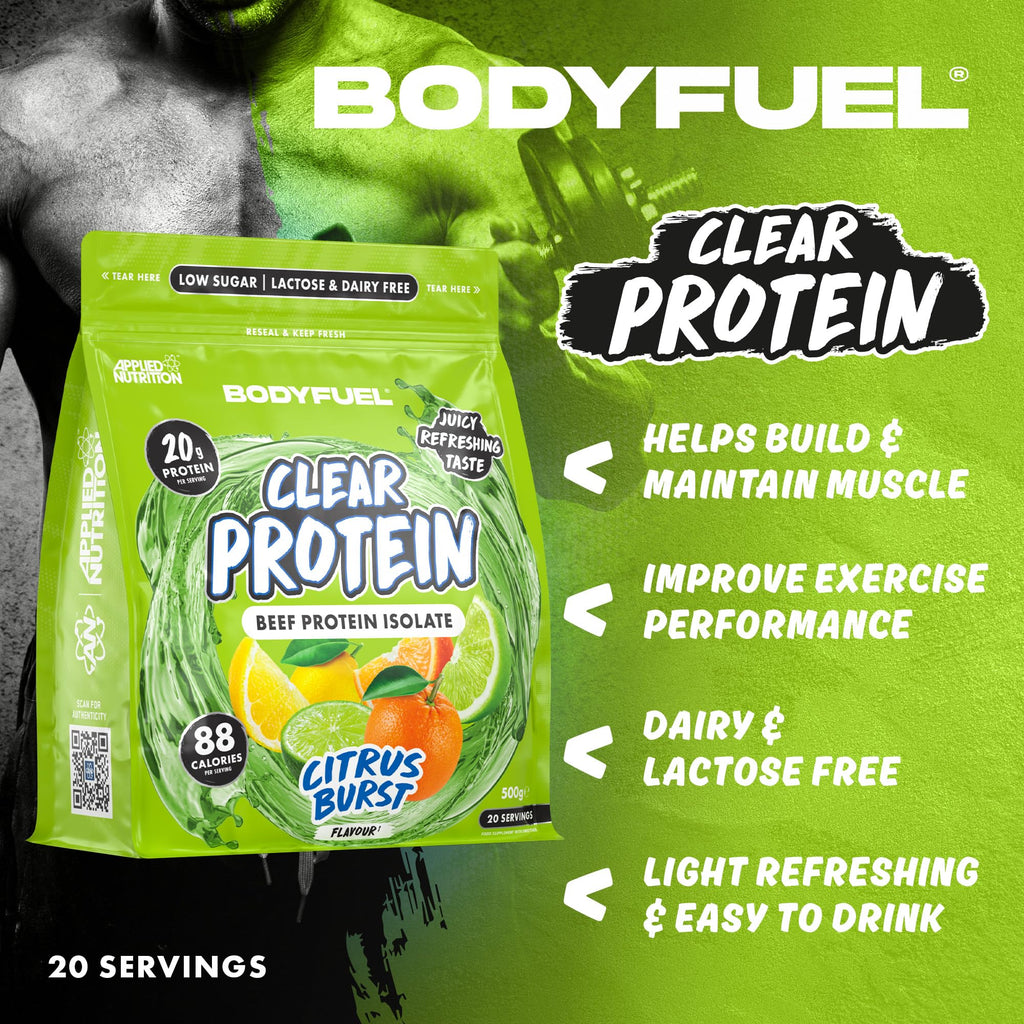 BodyFuel Clear Protein Beef Isolate 500g Citrus Burst - Low Sugar Lactose-Free Muscle Support 20 Servings - New - BBE 01/2028