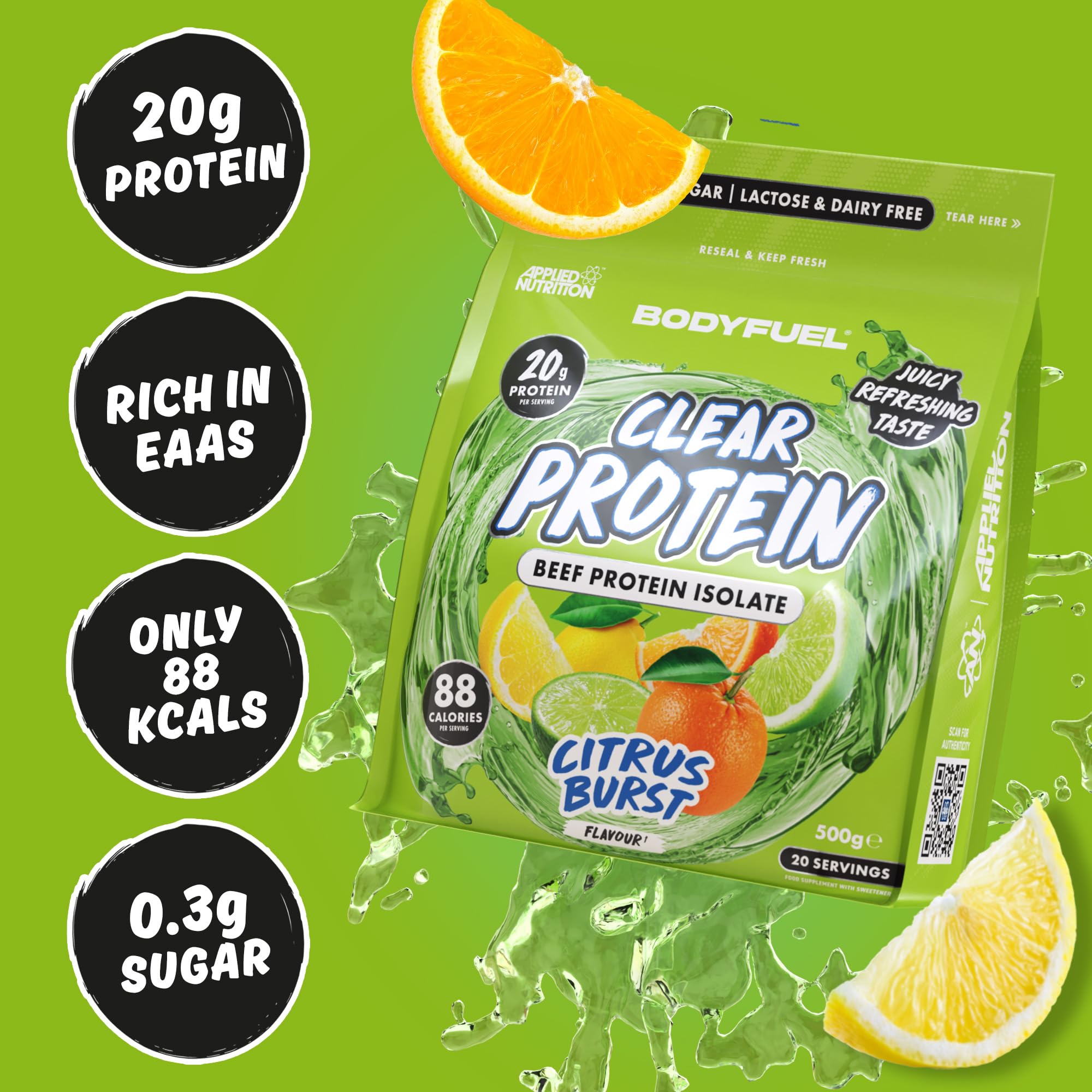 BodyFuel Clear Protein Beef Isolate 500g Citrus Burst - Low Sugar Lactose-Free Muscle Support 20 Servings - New - BBE 01/2028