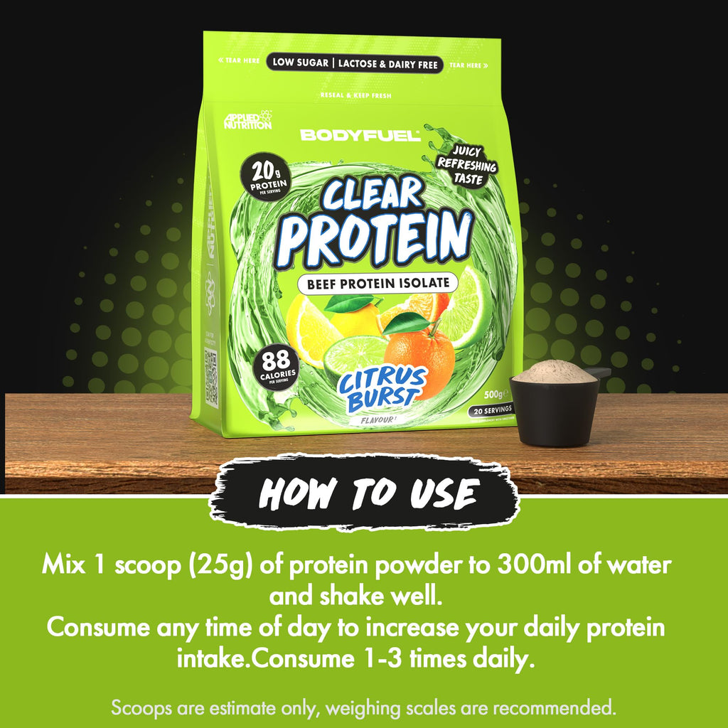 BodyFuel Clear Protein Beef Isolate 500g Citrus Burst - Low Sugar Lactose-Free Muscle Support 20 Servings - New - BBE 01/2028