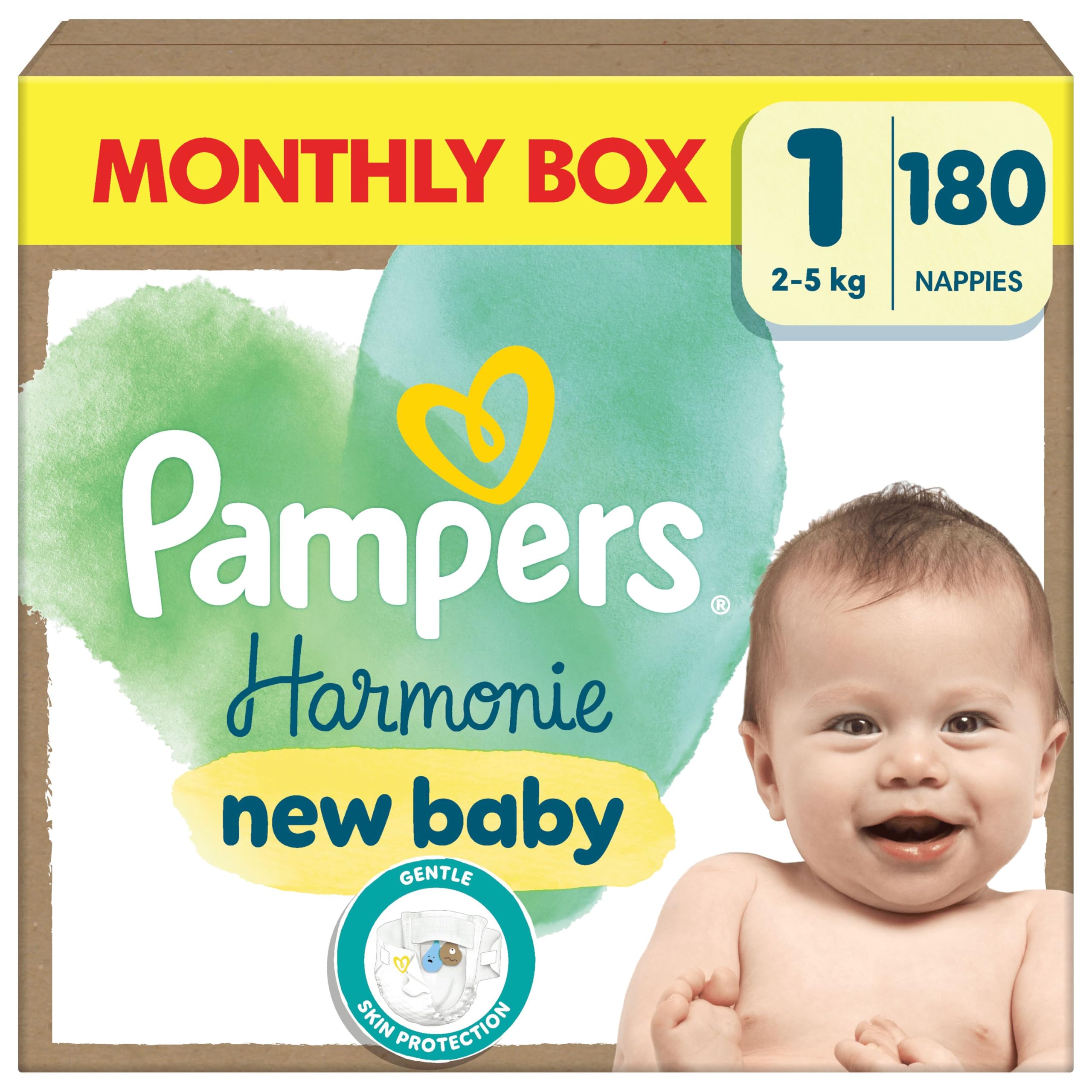 Pampers Harmonie N Nappies Size 1, 180 Count Monthly Pack, 2-5kg, Gentle Skin Protection - New