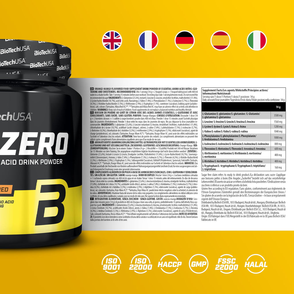 BioTechUSA EAA Zero Essential Amino Acid Powder - 7160mg EAA/Serving, Sugar-Free, Gluten-Free, 350g Orange-Mango - New - BBE 02/2029