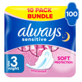 Always Sensitive Ultra Night Sanitary Towels with Wings, Size 3, 100 Towels (10x10 Packs), Odour Neutraliser, Super Absorbent - New