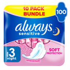 Always Sensitive Ultra Night Sanitary Towels with Wings, Size 3, 100 Towels (10x10 Packs), Odour Neutraliser, Super Absorbent - New