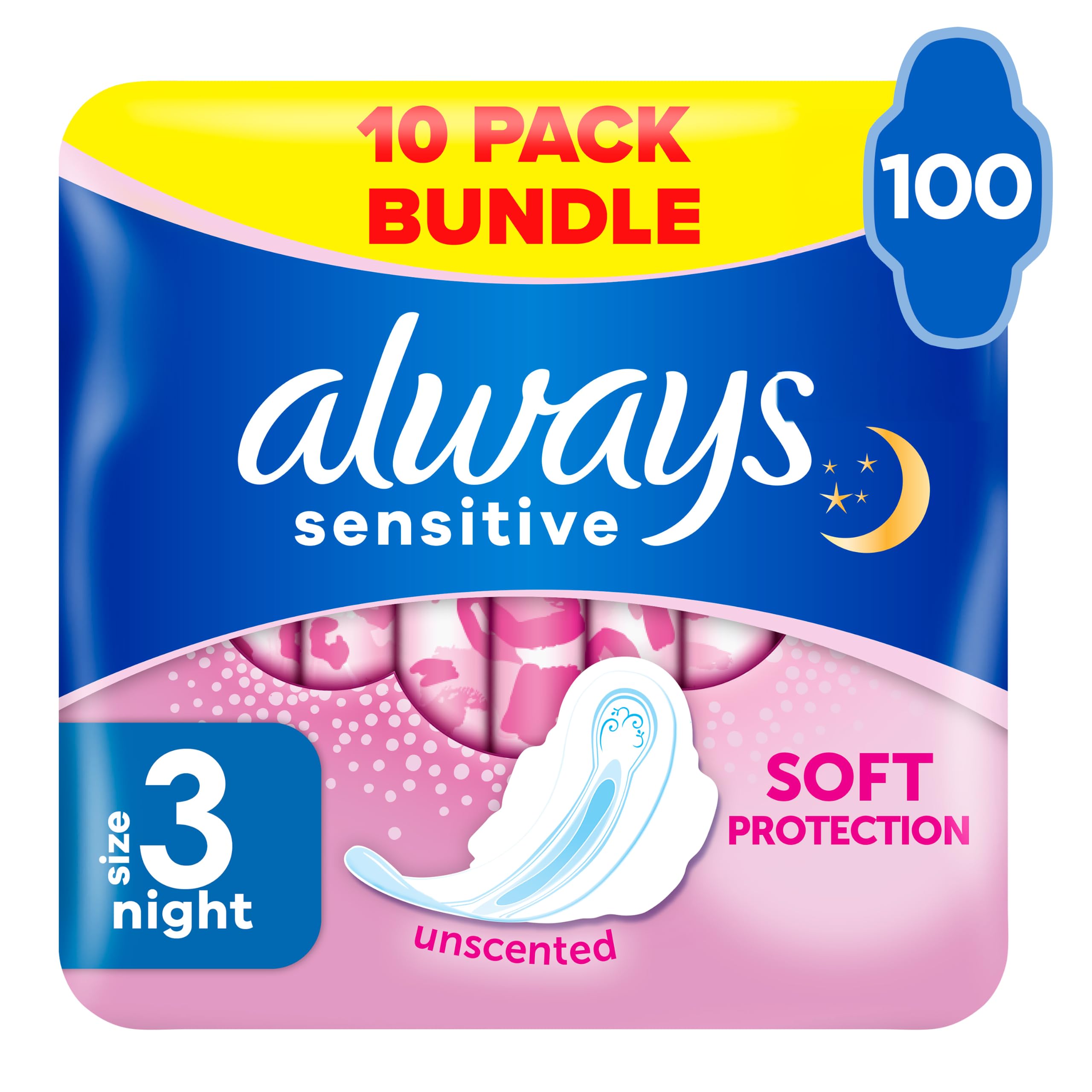 Always Sensitive Ultra Night Sanitary Towels with Wings, Size 3, 100 Towels (10x10 Packs), Odour Neutraliser, Super Absorbent - New