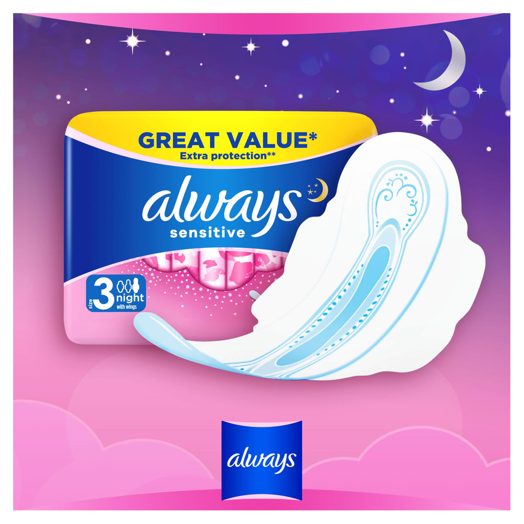 Always Sensitive Ultra Night Sanitary Towels with Wings, Size 3, 100 Towels (10x10 Packs), Odour Neutraliser, Super Absorbent - New