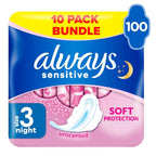 Always Sensitive Ultra Night Sanitary Towels with Wings, Size 3, 100 Towels (10x10 Packs), Odour Neutraliser, Super Absorbent - New