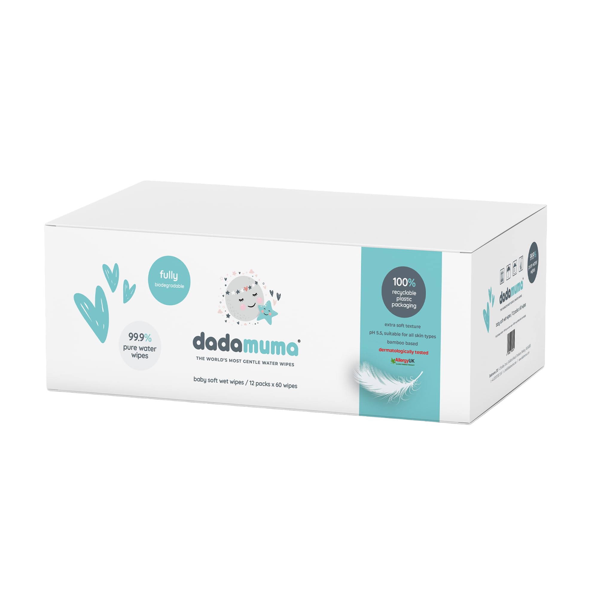 Dadamuma - 99.9% Pure Water Baby Wipes (12 x 60 Wipes), Gentle with Newborn Skin, Natural Ingredients, Allergy UK Approved, Plastic-Free, Biodegradable, Eco-Friendly (Unscented) - Damaged Box - BBE 07/2026