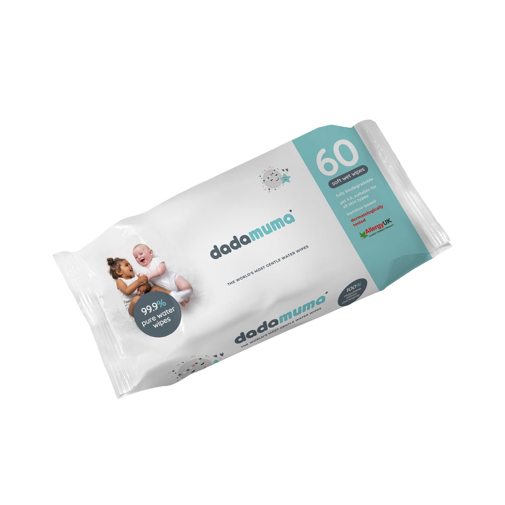 Dadamuma - 99.9% Pure Water Baby Wipes (12 x 60 Wipes), Gentle with Newborn Skin, Natural Ingredients, Allergy UK Approved, Plastic-Free, Biodegradable, Eco-Friendly (Unscented) - Damaged Box - BBE 07/2026