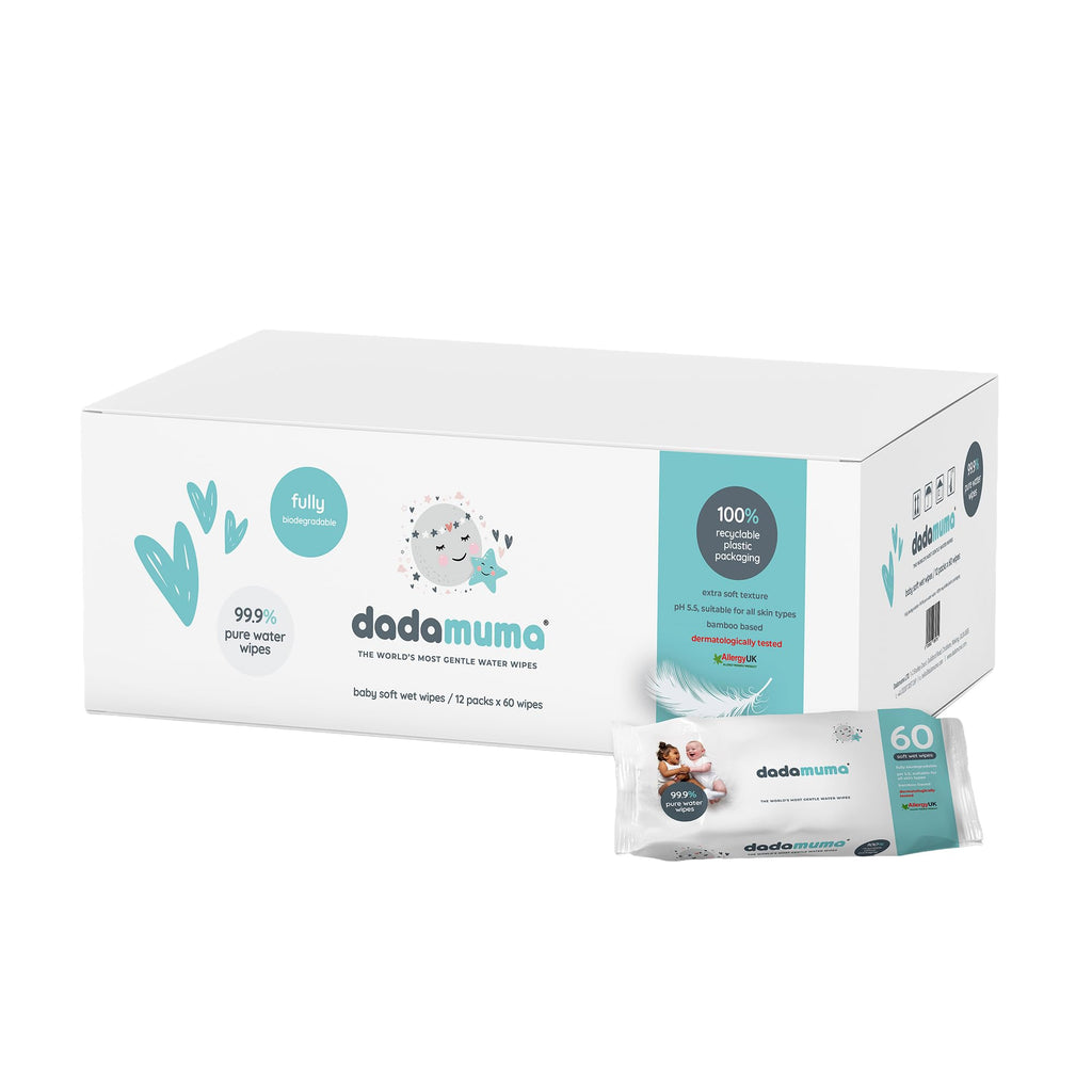 Dadamuma - 99.9% Pure Water Baby Wipes (12 x 60 Wipes), Gentle with Newborn Skin, Natural Ingredients, Allergy UK Approved, Plastic-Free, Biodegradable, Eco-Friendly (Unscented) - Damaged Box - BBE 07/2026