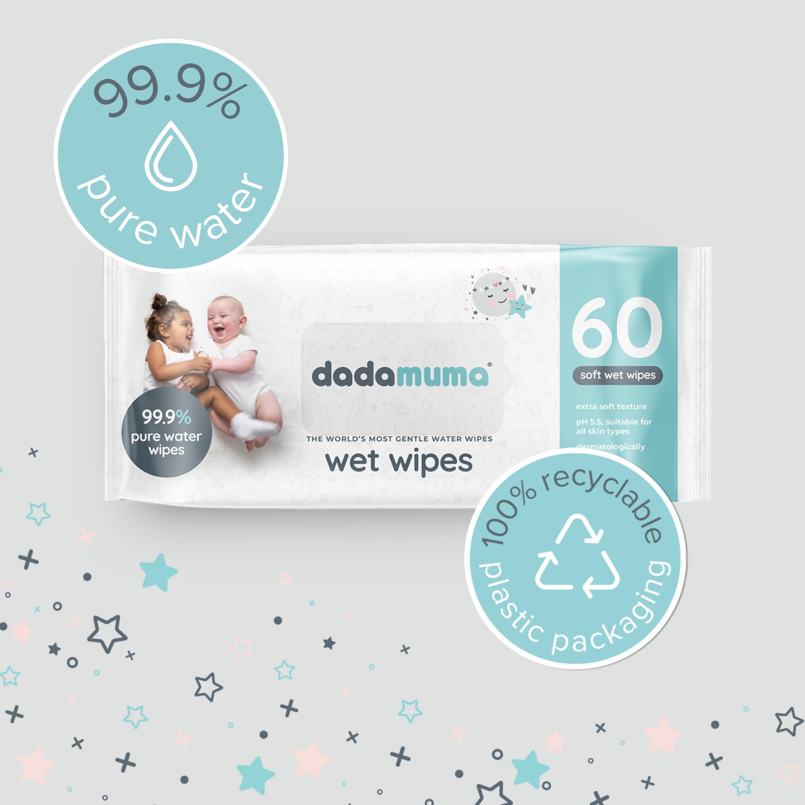 Dadamuma - 99.9% Pure Water Baby Wipes (12 x 60 Wipes), Gentle with Newborn Skin, Natural Ingredients, Allergy UK Approved, Plastic-Free, Biodegradable, Eco-Friendly (Unscented) - Damaged Box - BBE 07/2026