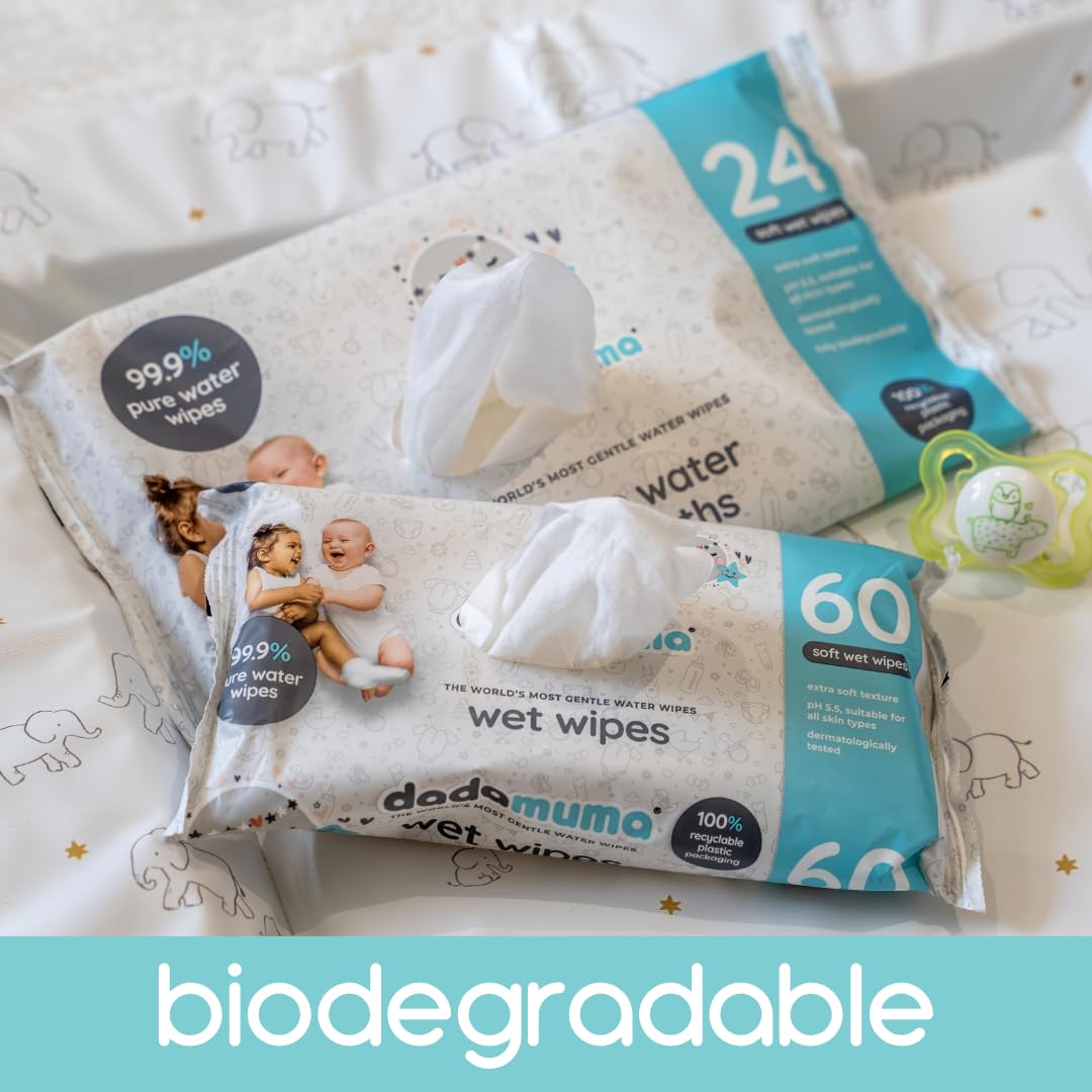 Dadamuma - 99.9% Pure Water Baby Wipes (12 x 60 Wipes), Gentle with Newborn Skin, Natural Ingredients, Allergy UK Approved, Plastic-Free, Biodegradable, Eco-Friendly (Unscented) - Damaged Box - BBE 07/2026