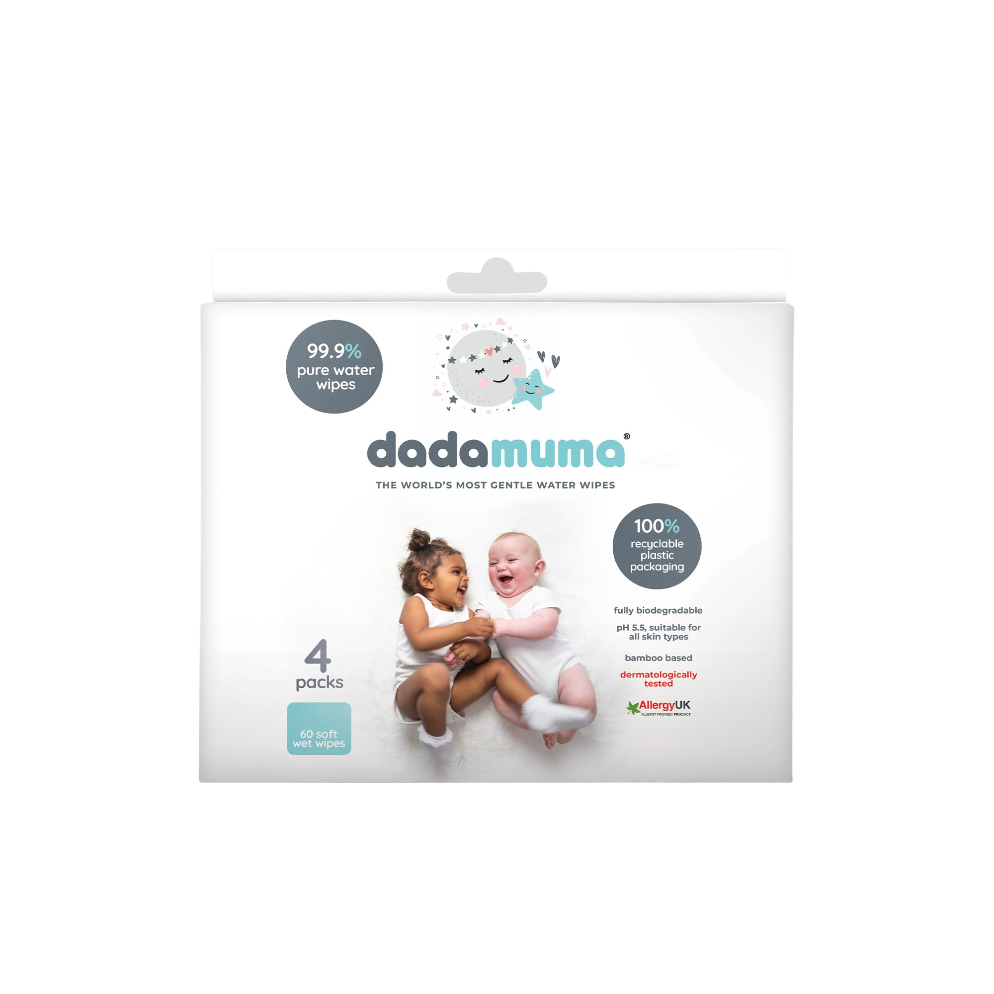 Dadamuma - 99.9% Pure Water Baby Wipes (12 x 60 Wipes), Gentle with Newborn Skin, Natural Ingredients, Allergy UK Approved, Plastic-Free, Biodegradable, Eco-Friendly (Unscented) - Damaged Box - BBE 07/2026