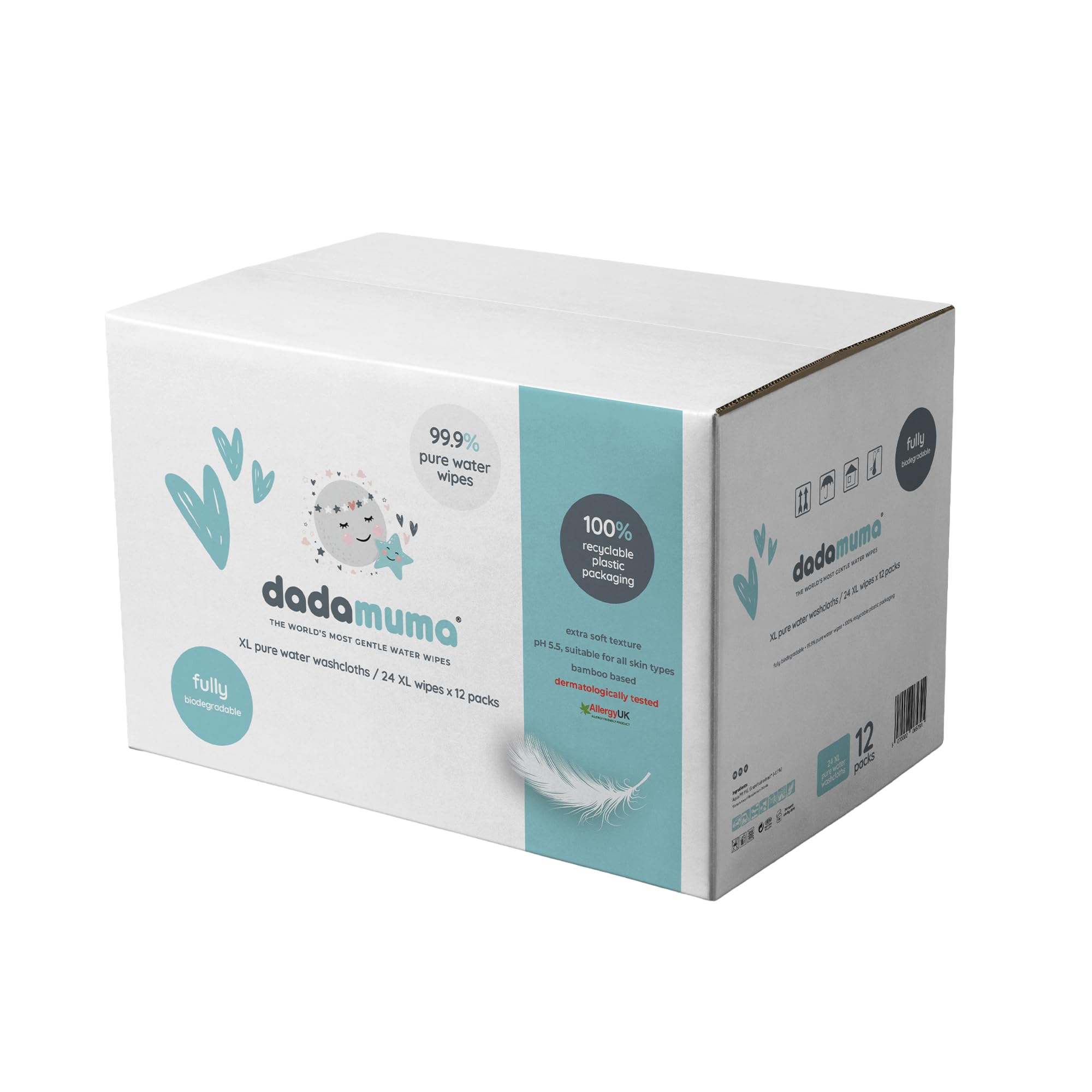 Dadamuma - 99.9% Pure Water Baby Wipes (12 x 60 Wipes), Gentle with Newborn Skin, Natural Ingredients, Allergy UK Approved, Plastic-Free, Biodegradable, Eco-Friendly (Unscented) - Damaged Box - BBE 07/2026