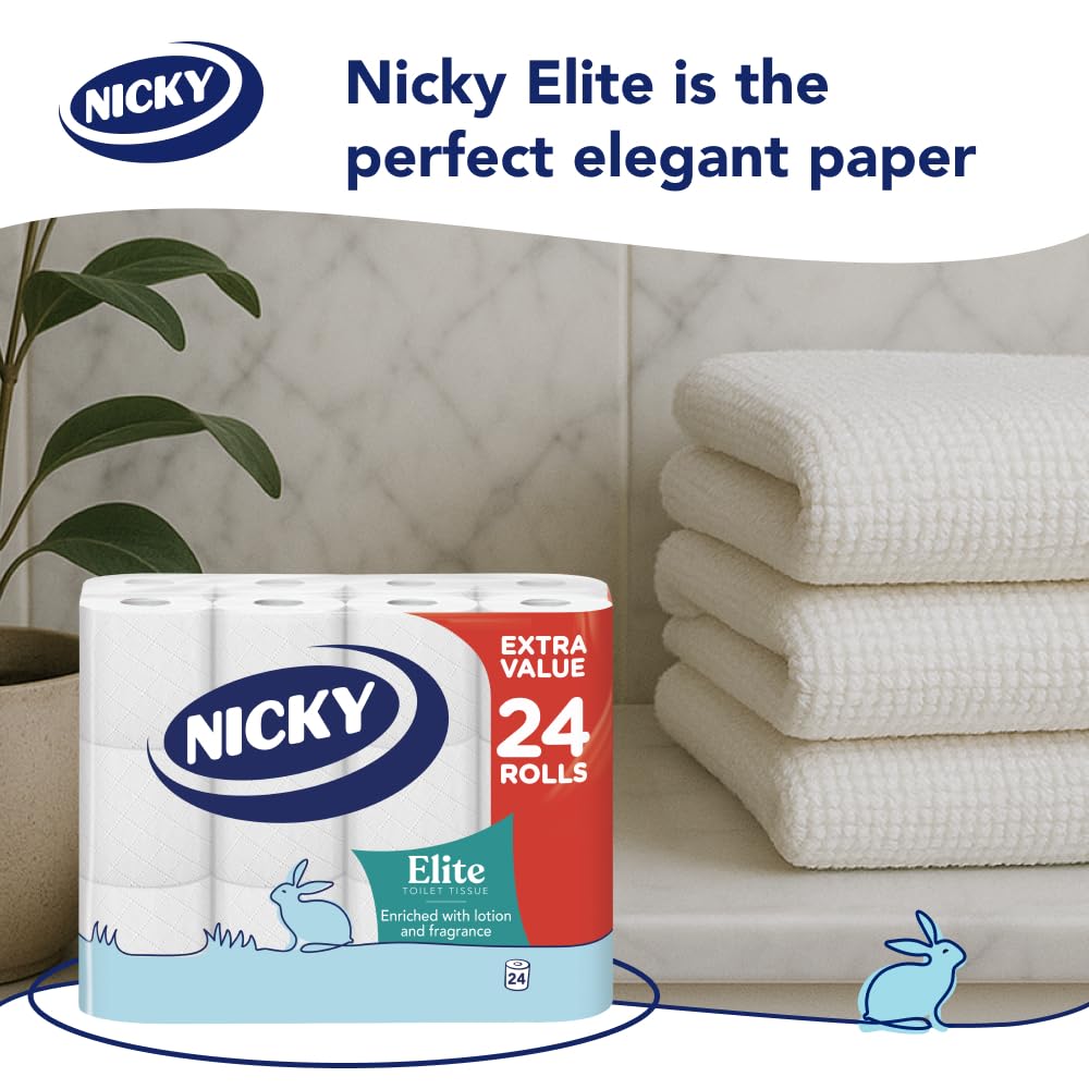 Nicky Elite Toilet Roll 24-Pack 3-Ply - Soft White Toilet Tissue - New