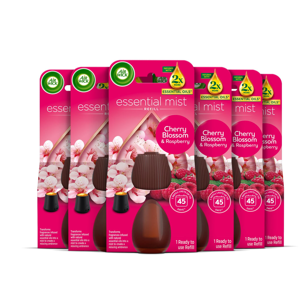 Air Wick Essential Mist Cherry Blossom & Raspberry Refill 6 x 20ml - Air Freshener Scented Oil Diffuser Twin Pack - New