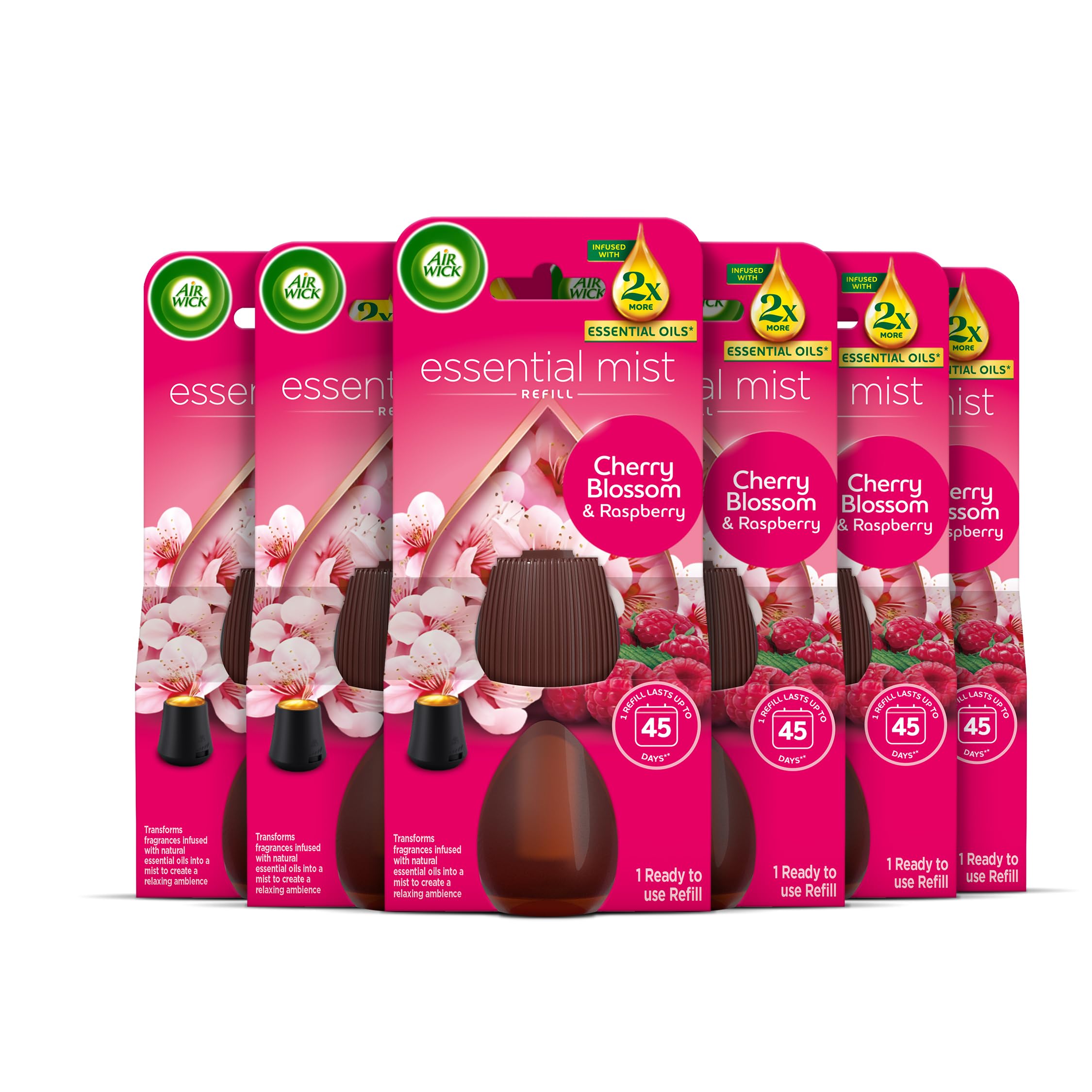 Air Wick Essential Mist Cherry Blossom & Raspberry Refill 6 x 20ml - Air Freshener Scented Oil Diffuser Twin Pack - New