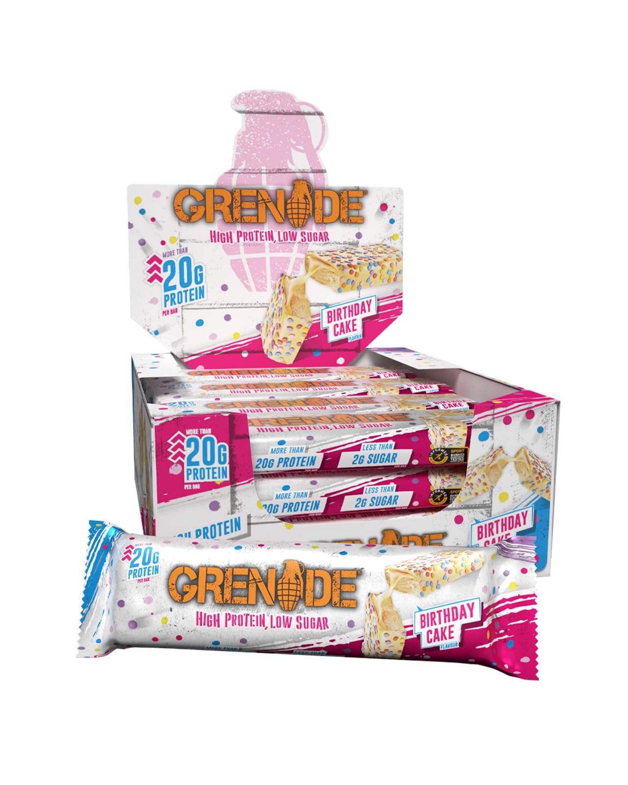 Grenade Birthday Cake Protein Bars 12 x 60g High Protein Snack Low Sugar - Damaged Box - BBE 03/2027