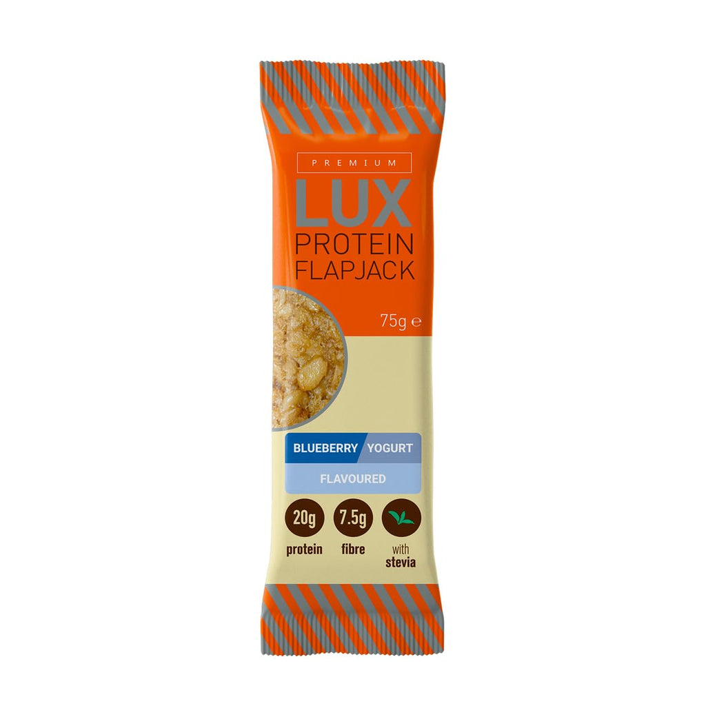 Premium LUX Protein Flapjack Bars - High Protein, Low Sugar Snack - Bodybuilding Warehouse - Blueberry Yogurt (24 x 75g) - New - BBE 09/2027
