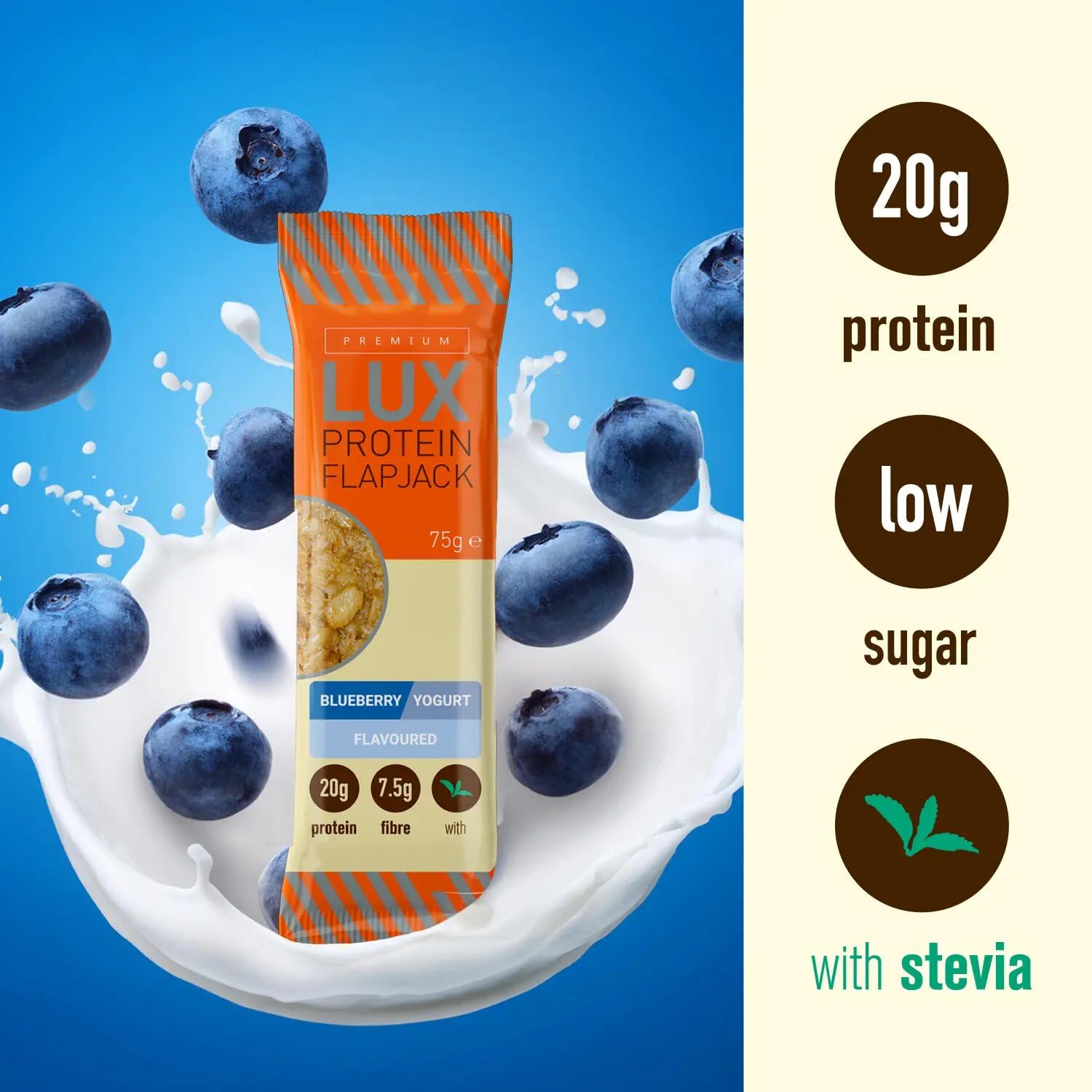 Premium LUX Protein Flapjack Bars - High Protein, Low Sugar Snack - Bodybuilding Warehouse - Blueberry Yogurt (24 x 75g) - New - BBE 09/2027