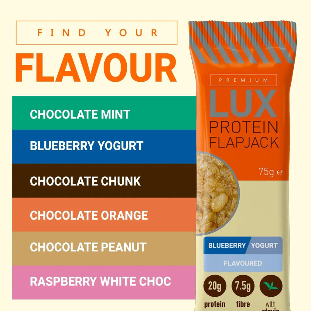 Premium LUX Protein Flapjack Bars - High Protein, Low Sugar Snack - Bodybuilding Warehouse - Blueberry Yogurt (24 x 75g) - New - BBE 09/2027