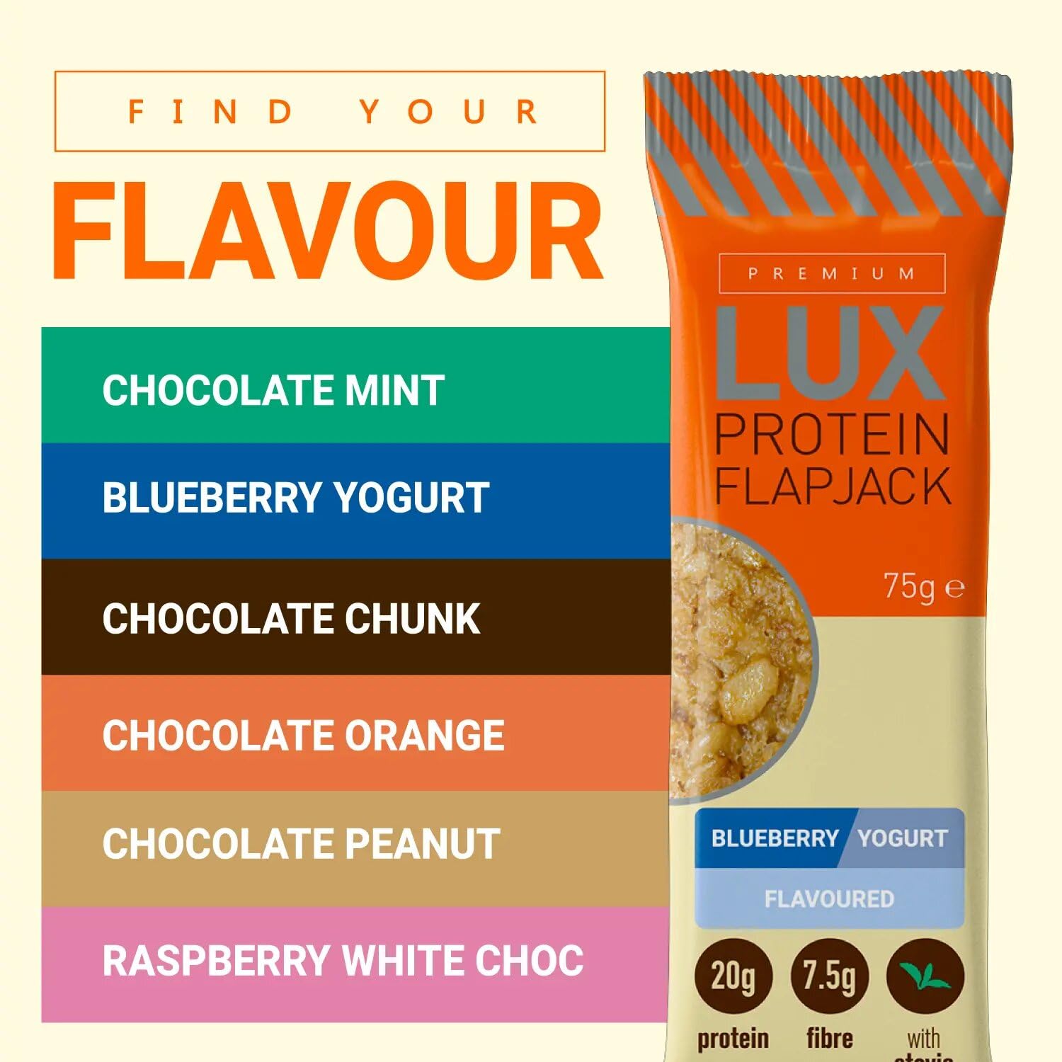 Premium LUX Protein Flapjack Bars - High Protein, Low Sugar Snack - Bodybuilding Warehouse - Blueberry Yogurt (24 x 75g) - New - BBE 09/2027