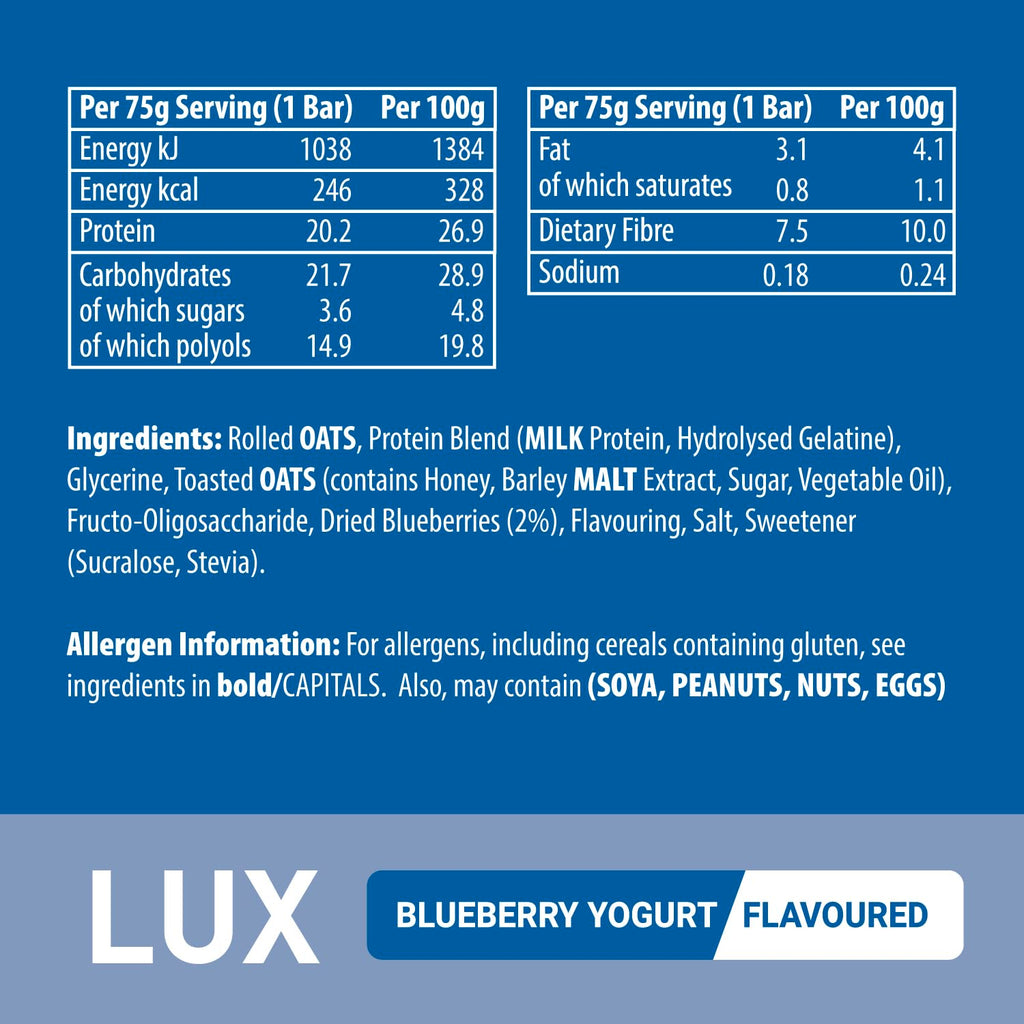 Premium LUX Protein Flapjack Bars - High Protein, Low Sugar Snack - Bodybuilding Warehouse - Blueberry Yogurt (24 x 75g) - New - BBE 09/2027