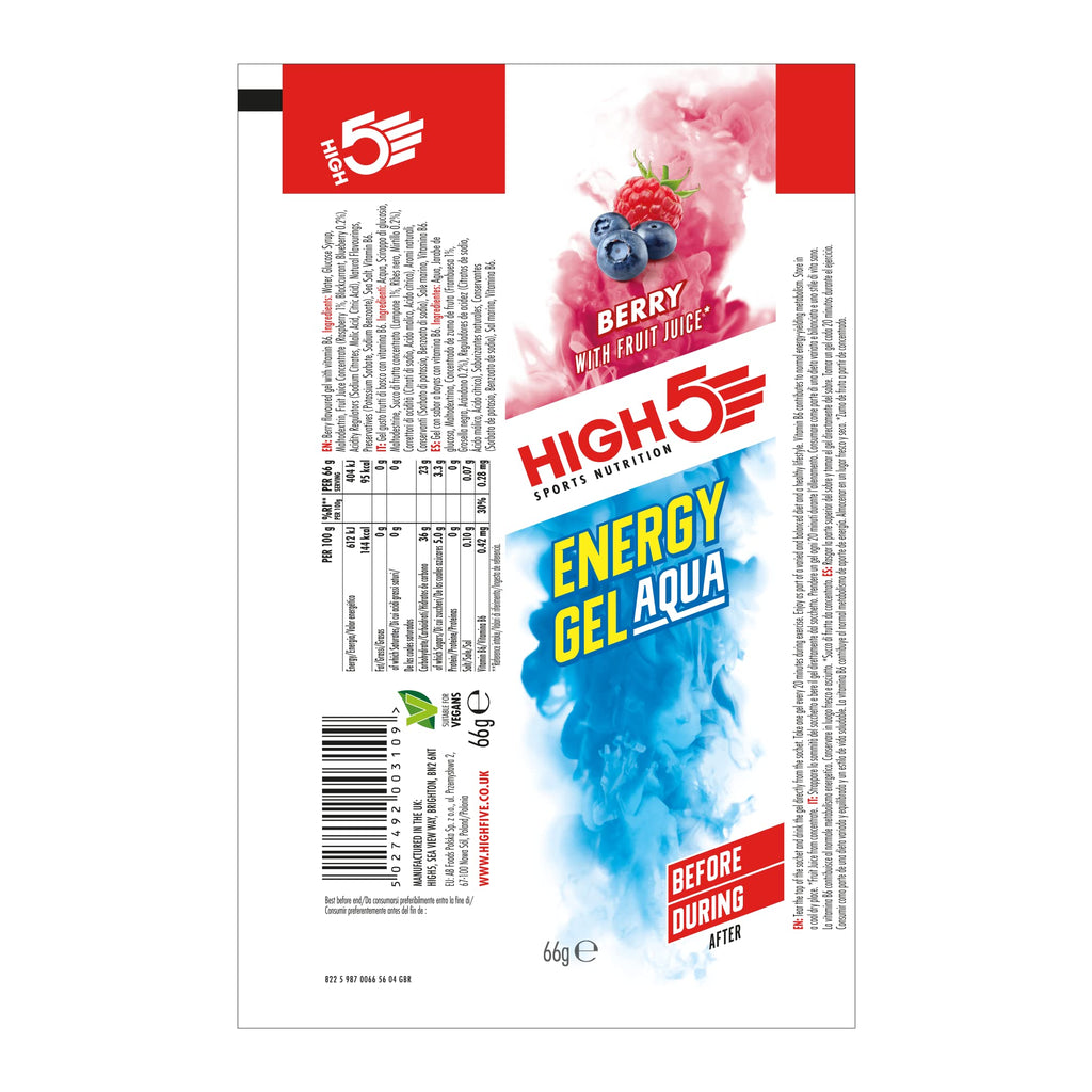 HIGH5 Energy Gel Aqua - Quick Release Sports Gels to Power Muscles for Peak Performance - Natural Fruit Juice & Caffeine-Free - Energy Boost for Running, Cycling and Endurance (Berry, 20 x 66g) - New - BBE 01/2027
