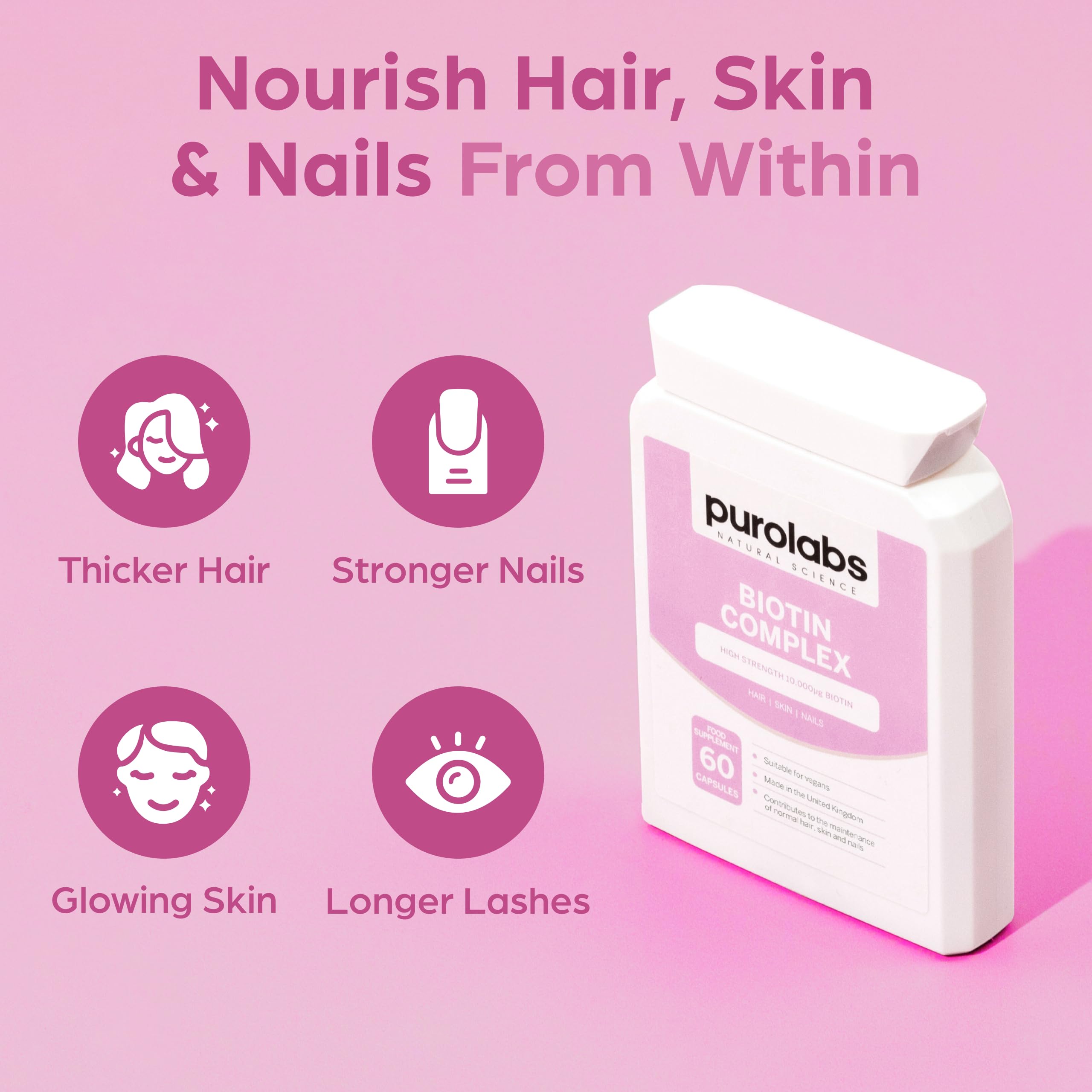 Purolabs Biotin Hair Growth Supplement 10,000g - Hair Vitamins for Men & Women - Vitamin B7 Tablets for Skin & Nails with Zinc & Selenium - 60 Vegan Capsules - Made in The UK by Purolabs - New - BBE 06/2028