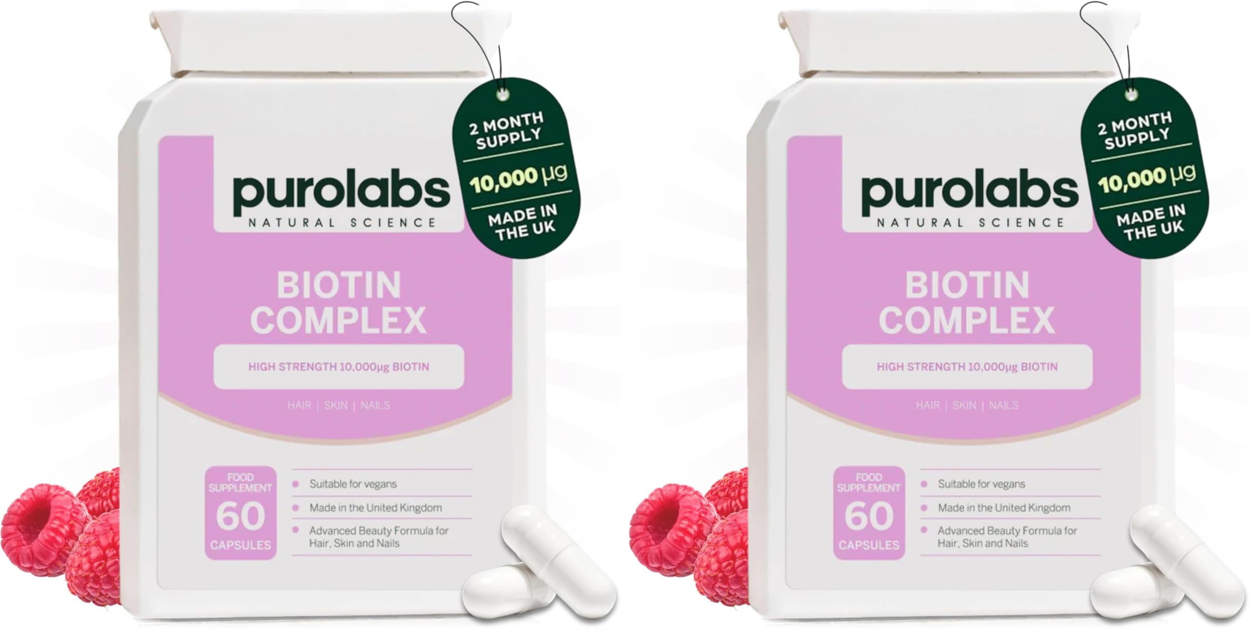 Purolabs Biotin Hair Growth Supplement 10,000g - Hair Vitamins for Men & Women - Vitamin B7 Tablets for Skin & Nails with Zinc & Selenium - 60 Vegan Capsules - Made in The UK by Purolabs - New - BBE 06/2028