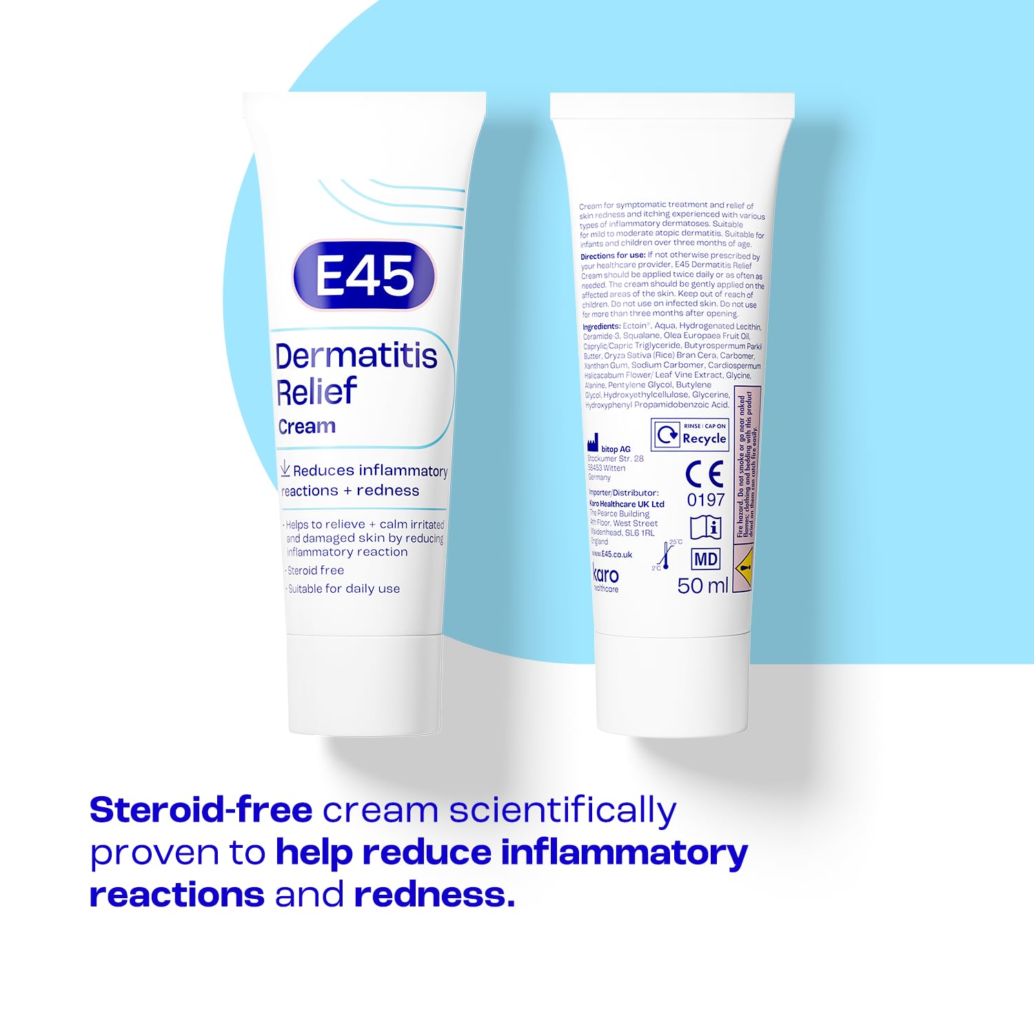 E45 Dermatitis Cream 50ml - Eczema Treatment, Itch Relief, Anti-Inflammatory, Steroid-Free - Damaged Box - BBE 04/2028