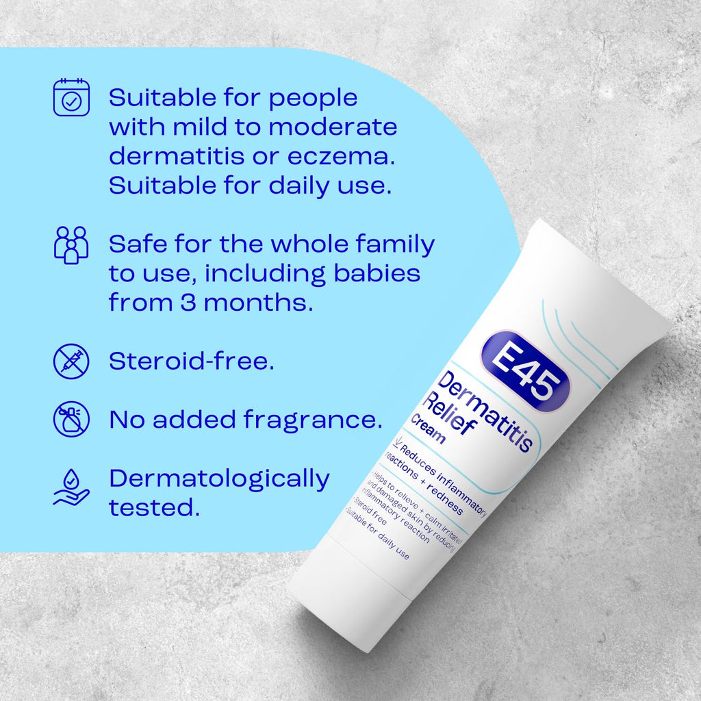 E45 Dermatitis Cream 50ml - Eczema Treatment, Itch Relief, Anti-Inflammatory, Steroid-Free - Damaged Box - BBE 04/2028