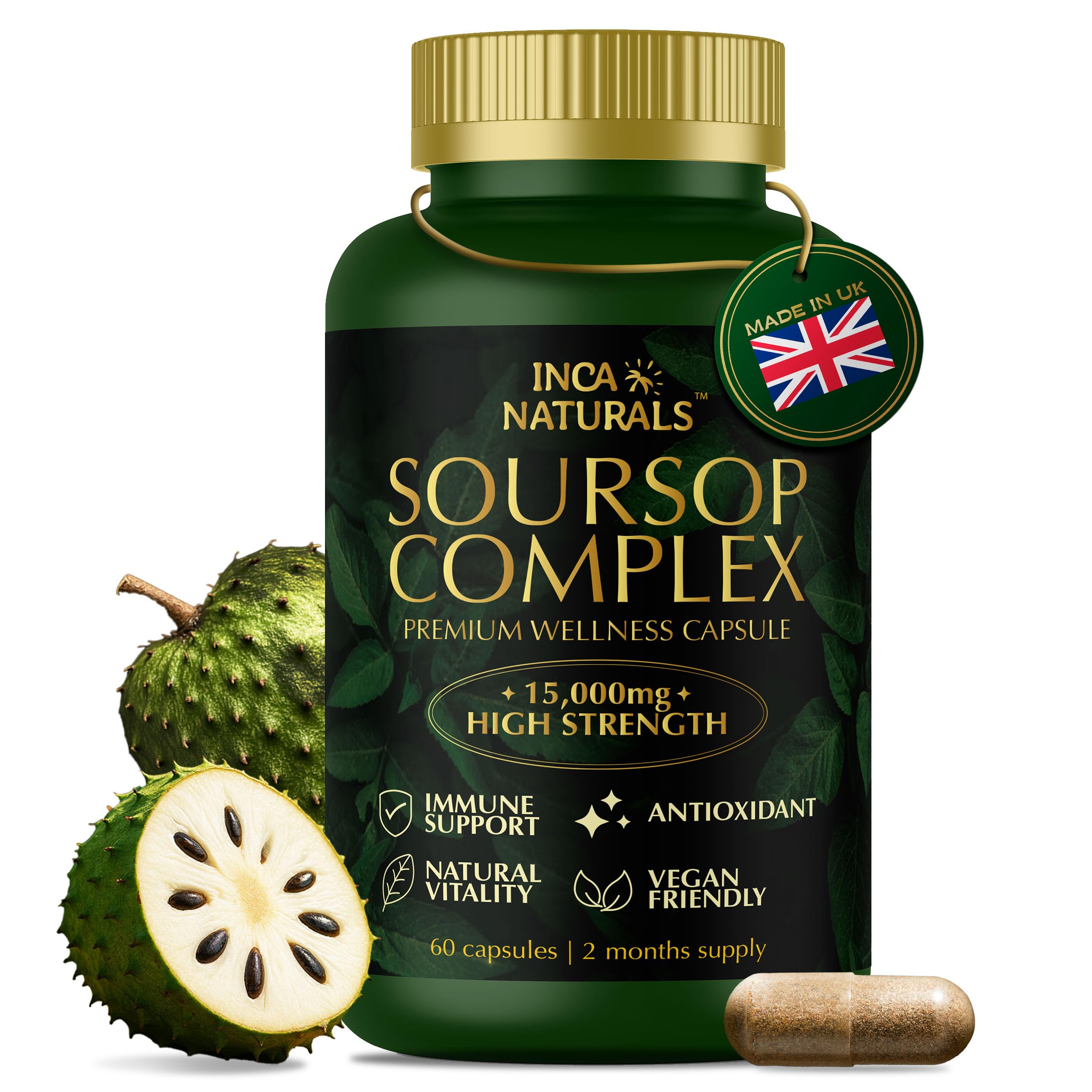 Inca Naturals Soursop Graviola Capsules 15000mg 30:1 Extract, Vitamin C, Zinc - 60 Vegan Capsules 2 Month Supply - New - BBE 01/2028