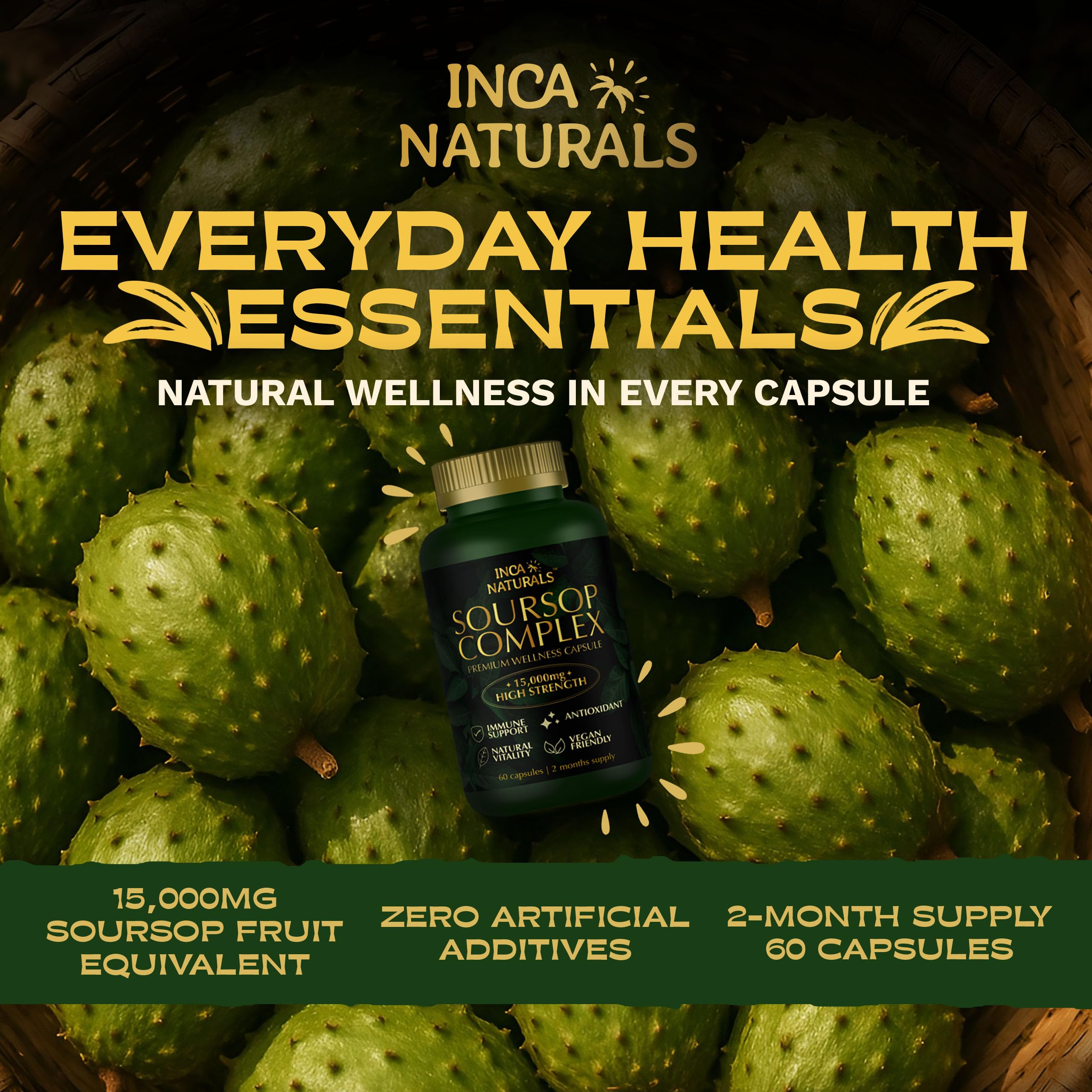 Inca Naturals Soursop Graviola Capsules 15000mg 30:1 Extract, Vitamin C, Zinc - 60 Vegan Capsules 2 Month Supply - New - BBE 01/2028