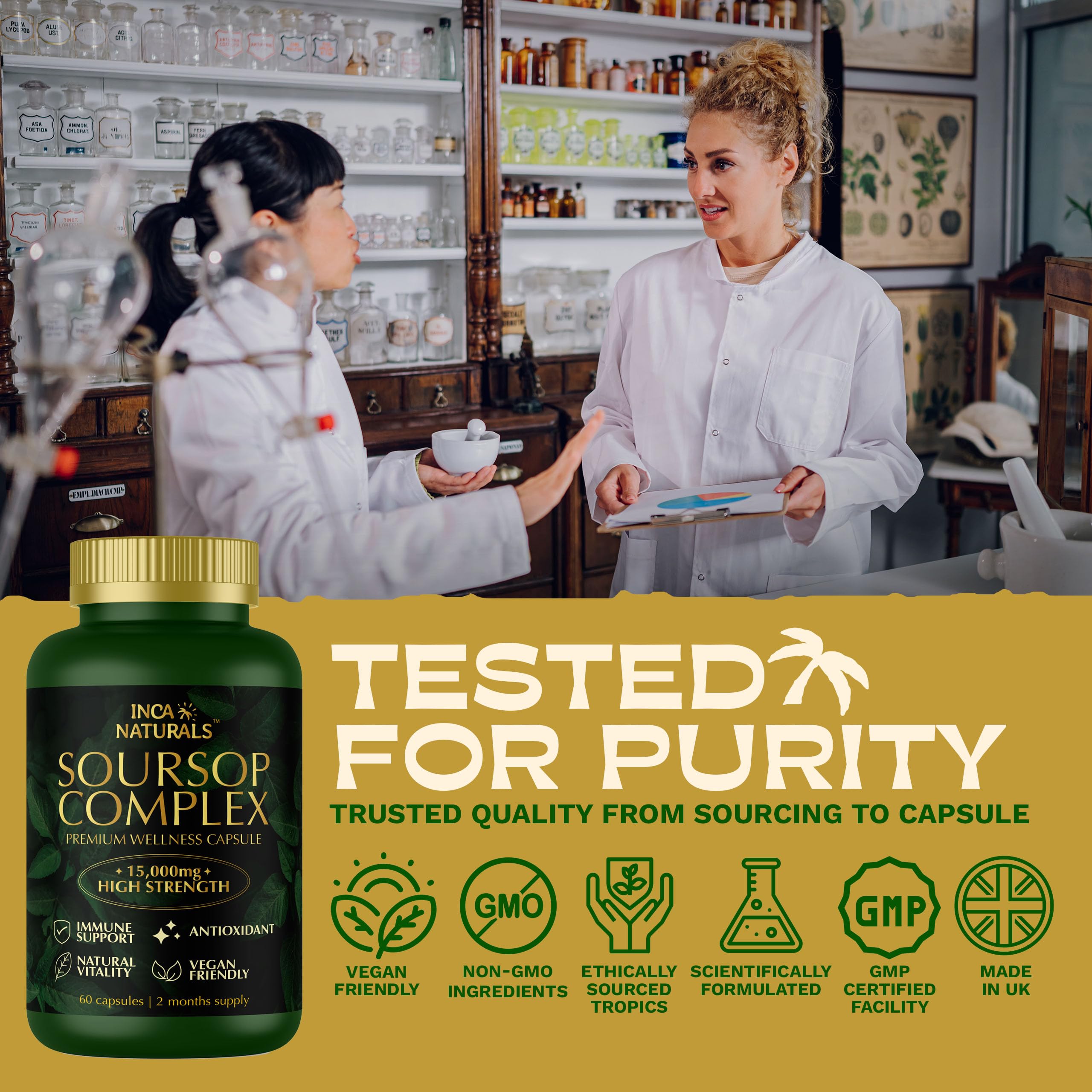 Inca Naturals Soursop Graviola Capsules 15000mg 30:1 Extract, Vitamin C, Zinc - 60 Vegan Capsules 2 Month Supply - New - BBE 01/2028