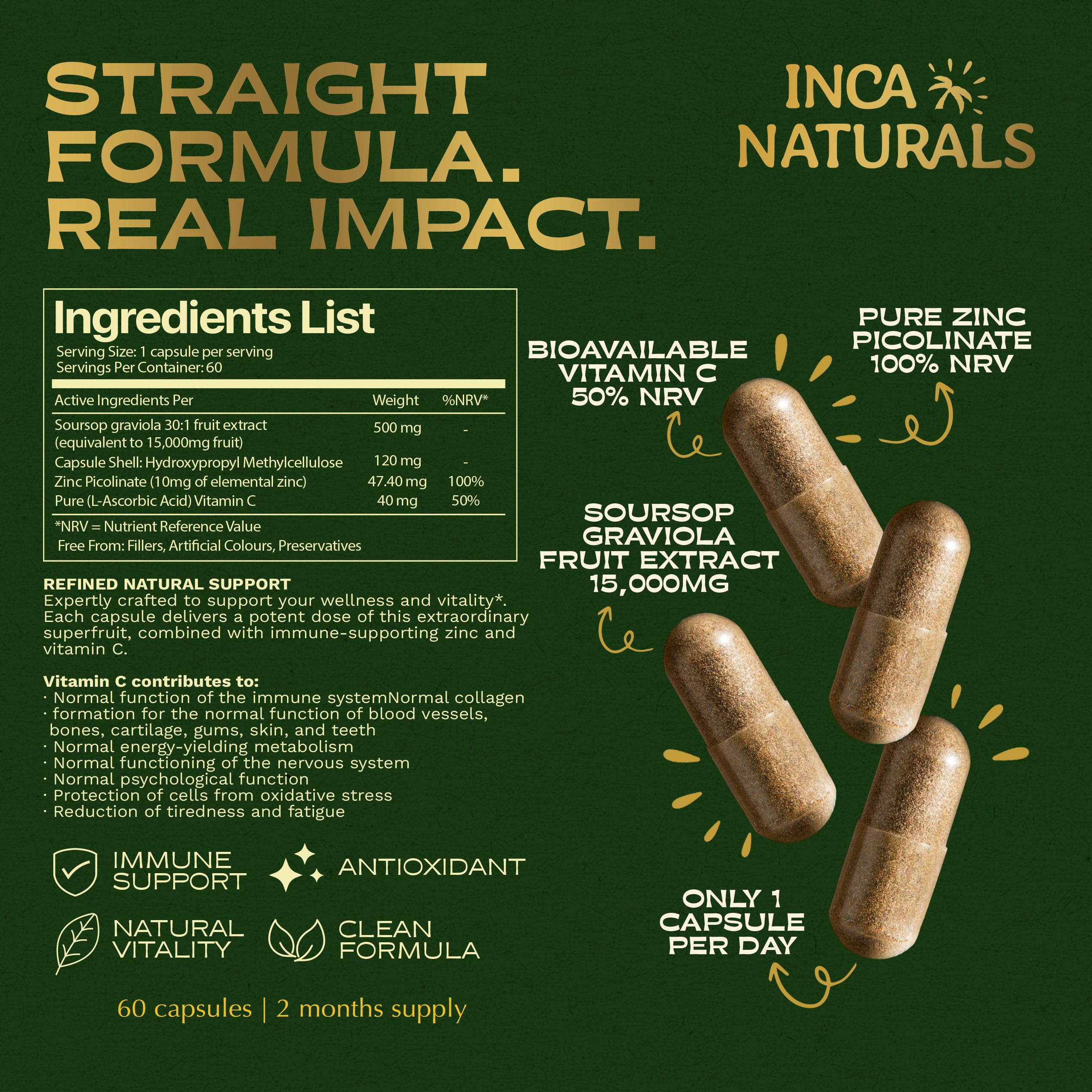 Inca Naturals Soursop Graviola Capsules 15000mg 30:1 Extract, Vitamin C, Zinc - 60 Vegan Capsules 2 Month Supply - New - BBE 01/2028