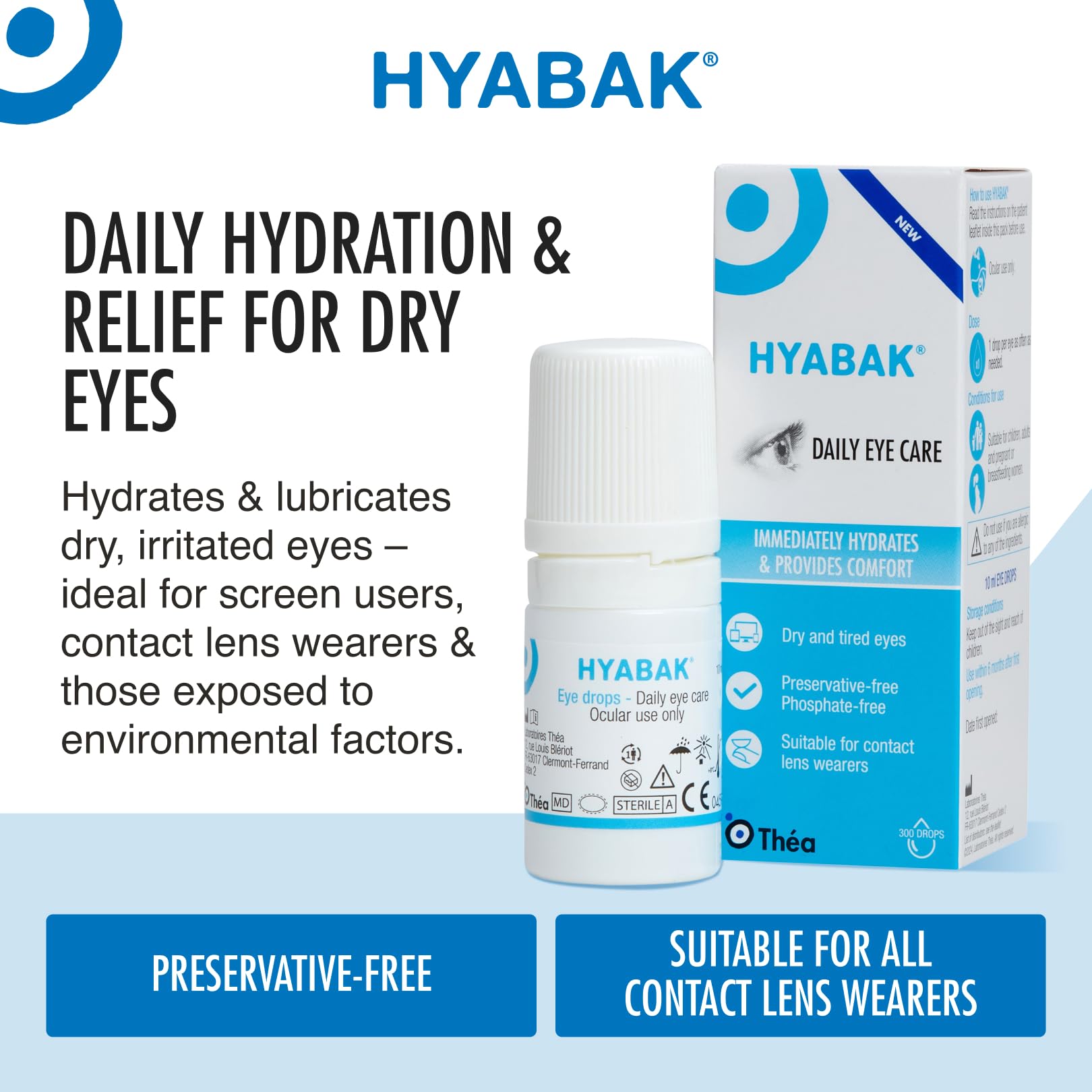 Hyabak Preservative-Free Eye Drops - Dry Eye Relief with Hyaluronic Acid - 10ml (300 Drops) - New - BBE 03/2028