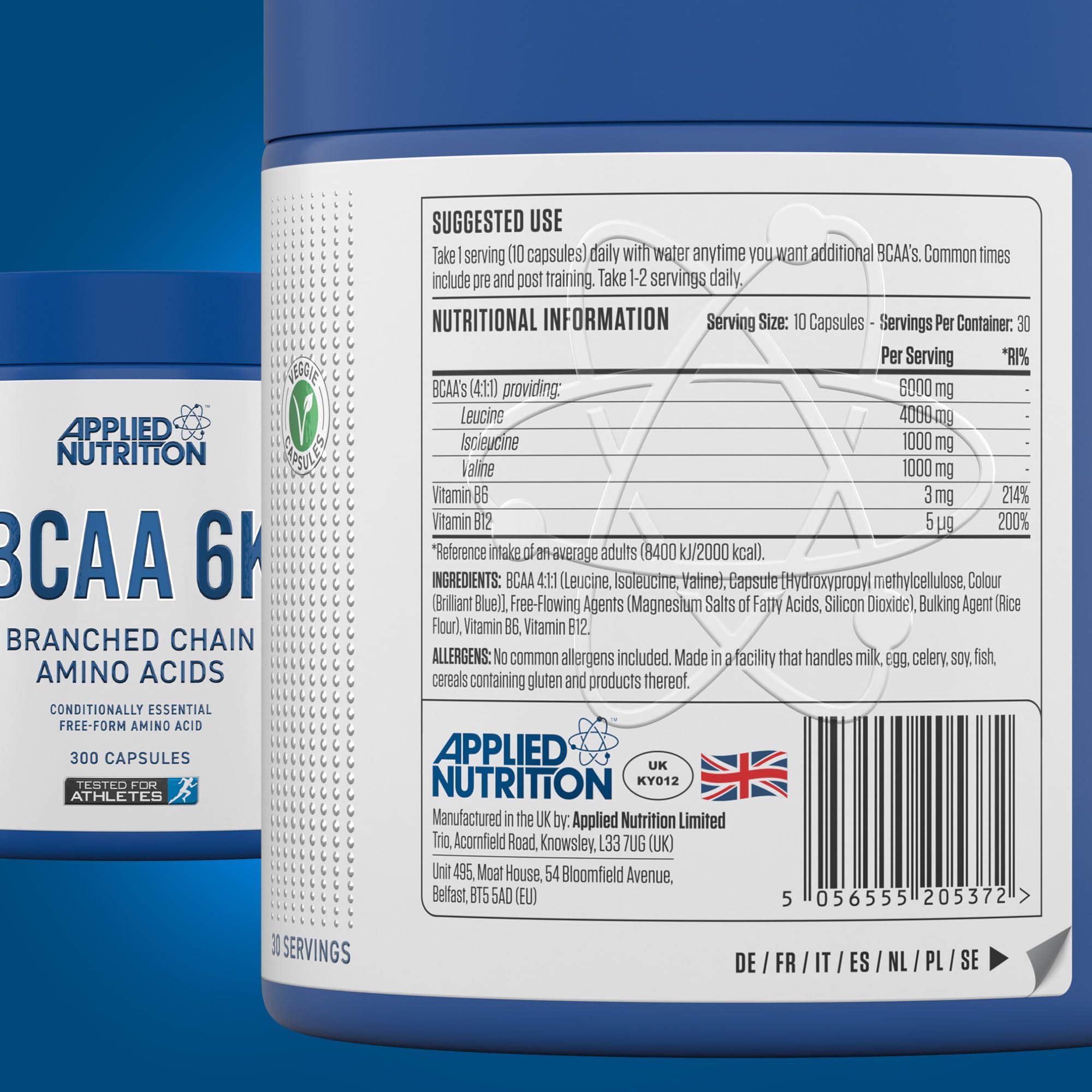 Applied Nutrition BCAA 6K (4:1:1) - 6000mg Branched Chain Amino Acids per Serving - Leucine, Isoleucine & Valine, for Endurance, Performance & Recovery 300 Vegan Capsules (30 Servings) - New - BBE 08/2027