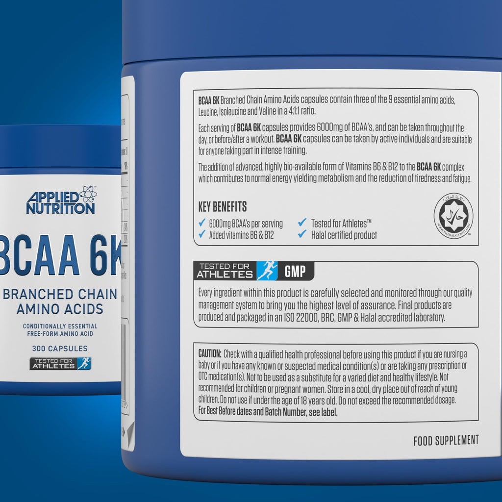 Applied Nutrition BCAA 6K (4:1:1) - 6000mg Branched Chain Amino Acids per Serving - Leucine, Isoleucine & Valine, for Endurance, Performance & Recovery 300 Vegan Capsules (30 Servings) - New - BBE 08/2027