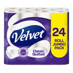 Velvet Classic Quilted Toilet Tissue 24 Rolls - 3-Ply White Jumbo Bulk Pack - Soft, Strong & Absorbent Toilet Roll - Damaged Box
