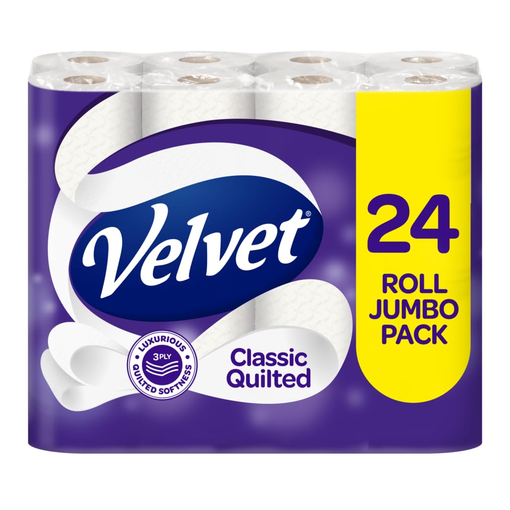 Velvet Classic Quilted Toilet Tissue 24 Rolls - 3-Ply White Jumbo Bulk Pack - Soft, Strong & Absorbent Toilet Roll - Damaged Box