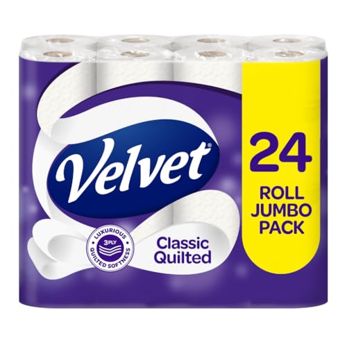 Velvet Classic Quilted Toilet Tissue 24 Rolls - 3-Ply White Jumbo Bulk Pack - Soft, Strong & Absorbent Toilet Roll - Damaged Box