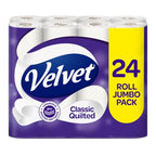 Velvet Classic Quilted Toilet Tissue 24 Rolls - 3-Ply White Jumbo Bulk Pack - Soft, Strong & Absorbent Toilet Roll - Damaged Box